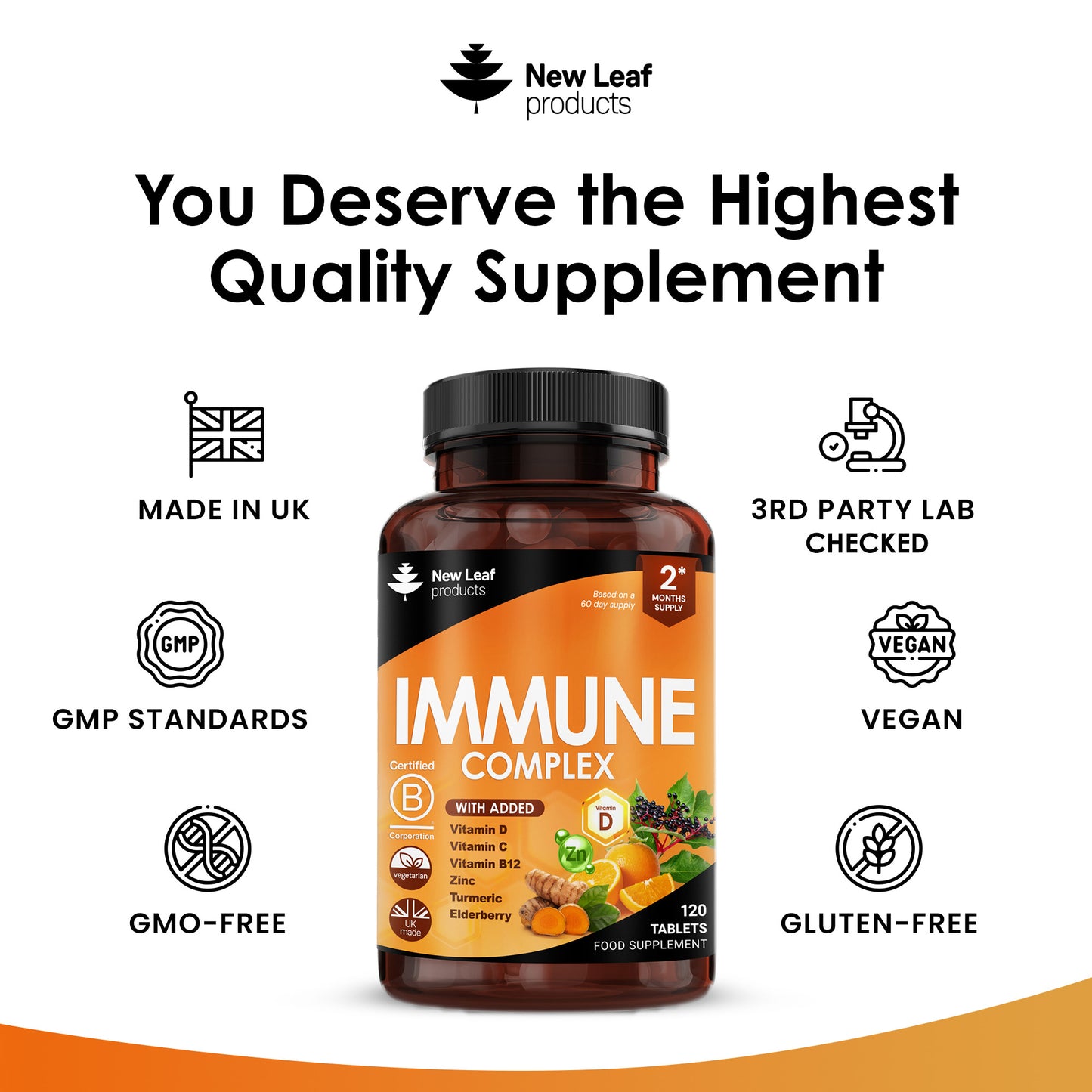 A bottle of New Leaf Immune Complex supplements with added vitamins, zinc, turmeric, and elderberry. The label indicates the product contains 120 tablets for a two-month supply.