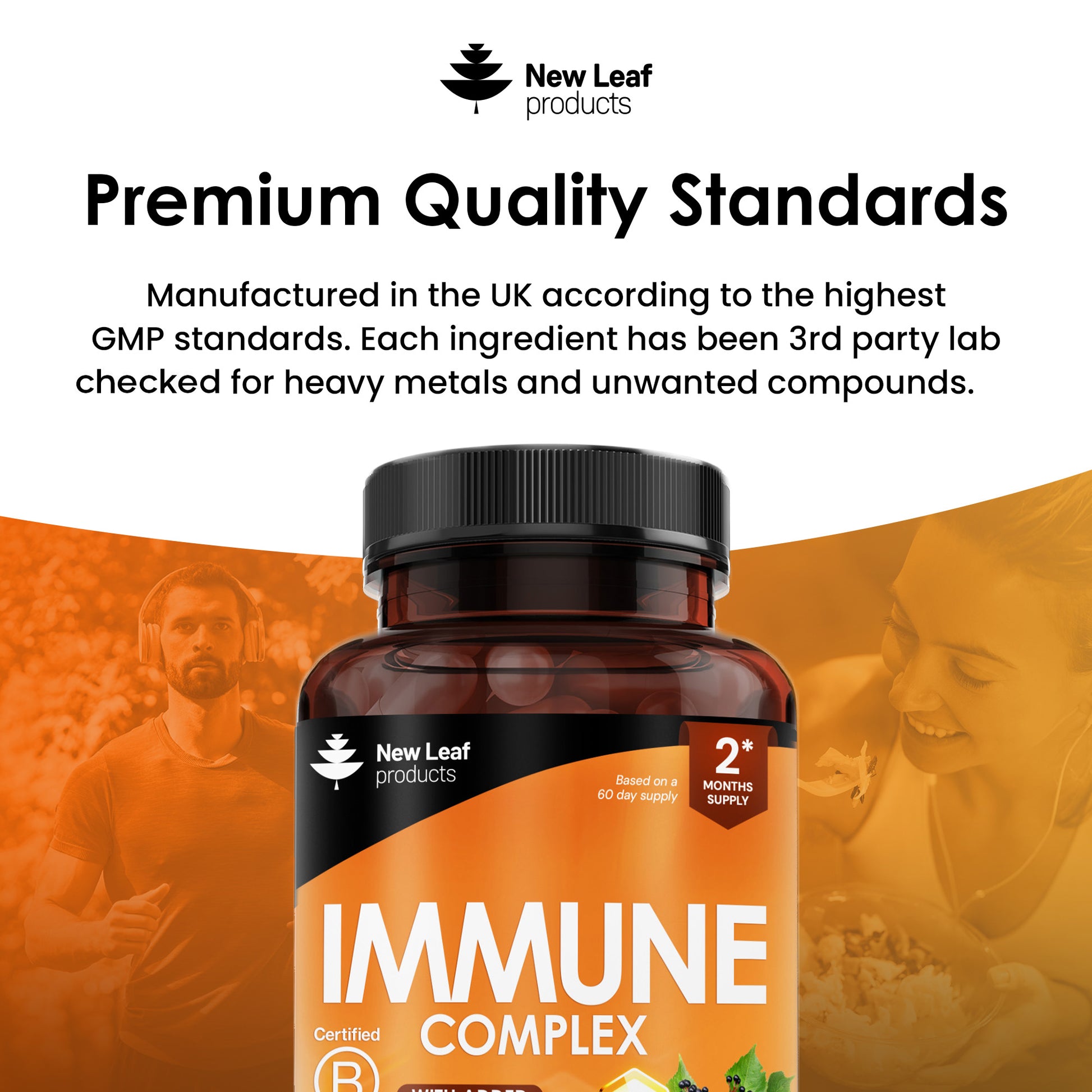 A bottle of New Leaf Immune Complex supplements with added vitamins, zinc, turmeric, and elderberry. The label indicates the product contains 120 tablets for a two-month supply.