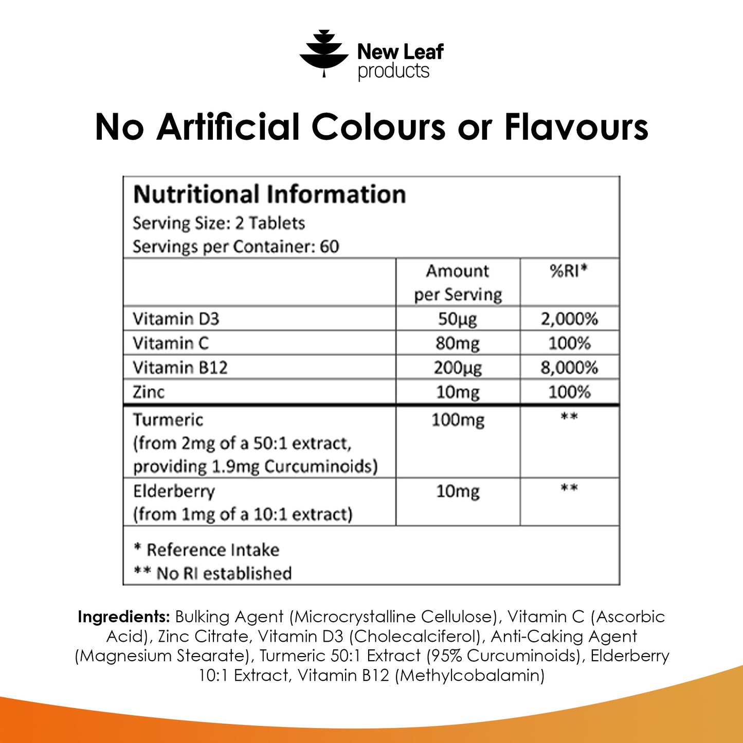 A bottle of New Leaf Immune Complex supplements with added vitamins, zinc, turmeric, and elderberry. The label indicates the product contains 120 tablets for a two-month supply.