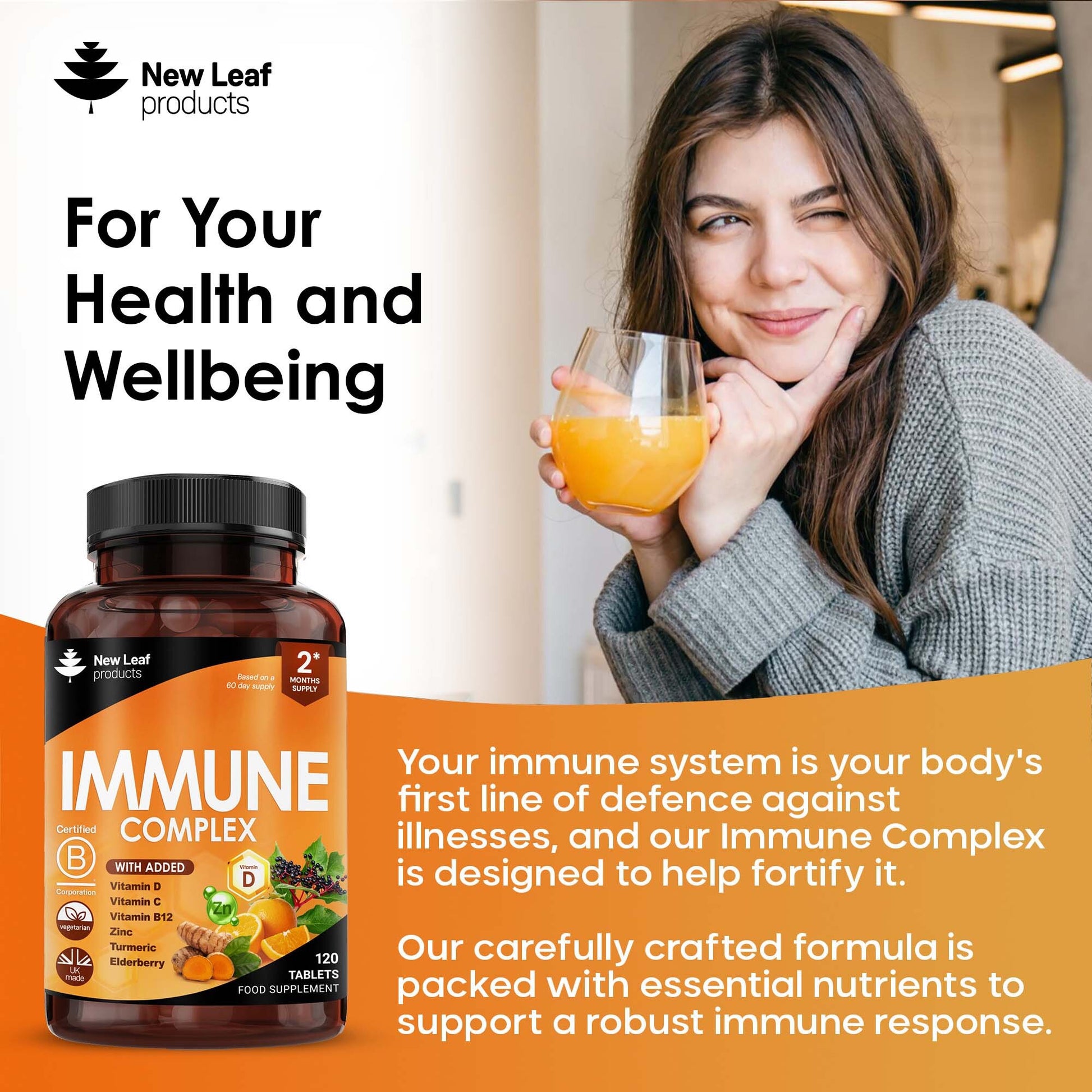 A bottle of New Leaf Immune Complex supplements with added vitamins, zinc, turmeric, and elderberry. The label indicates the product contains 120 tablets for a two-month supply.