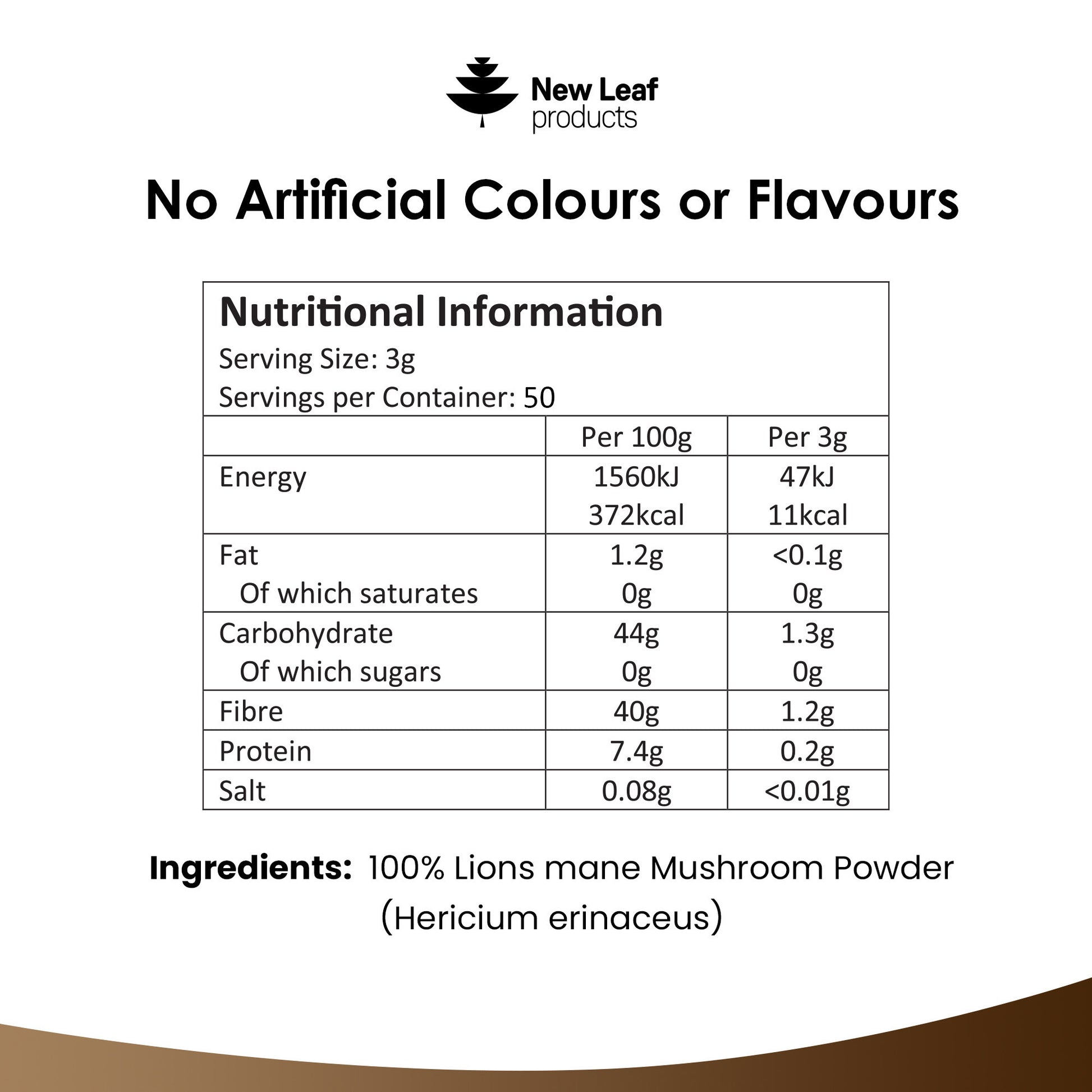 Nutritional information and ingredient label for Lions mane mushroom powder.