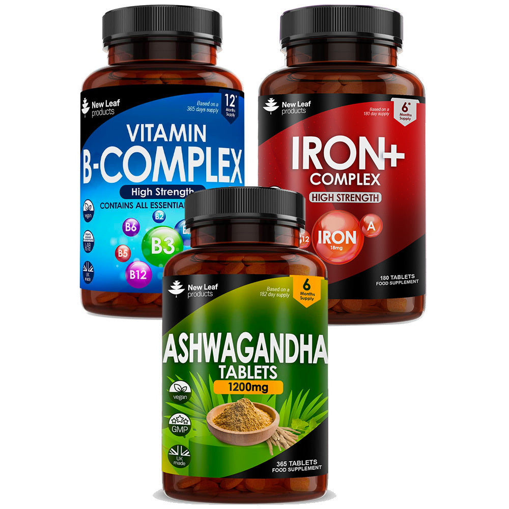 Energy Boosting Bundle Vitamin B Complex, Iron Complex, Ashwagandha Supplement Tablets