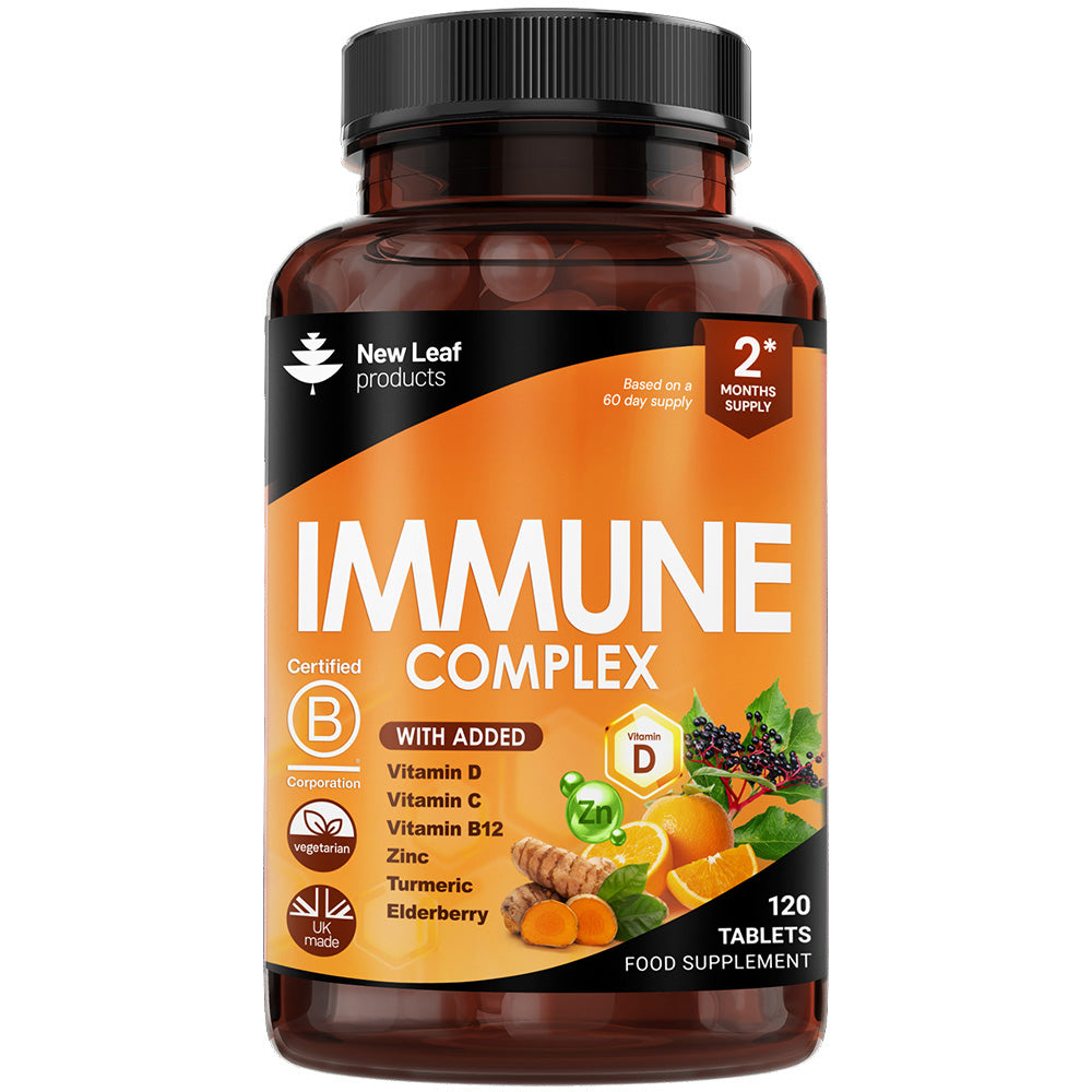 A bottle of New Leaf Immune Complex supplements with added vitamins, zinc, turmeric, and elderberry. The label indicates the product contains 120 tablets for a two-month supply.