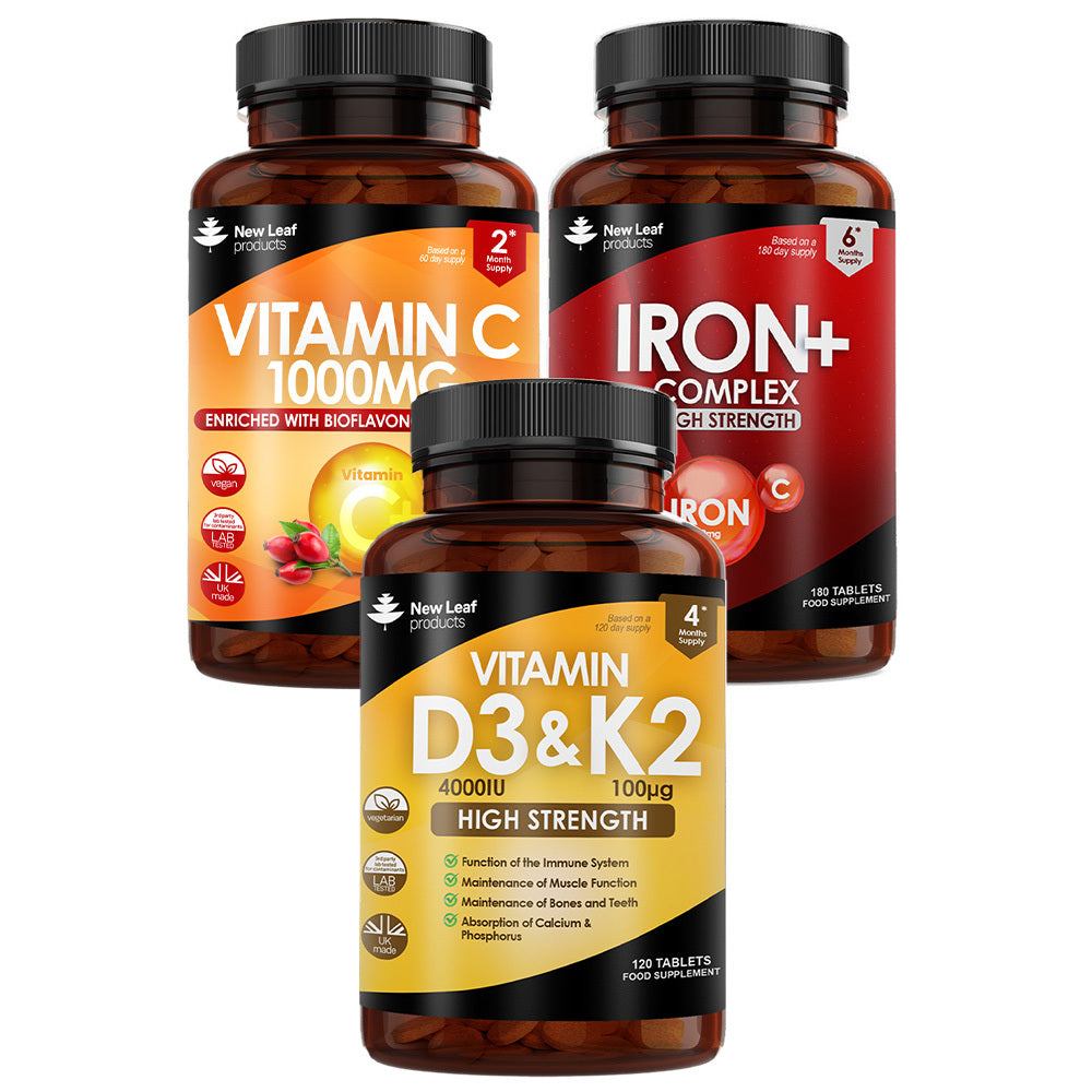 Immune Health Daily Bundle Vitamin D3 K2,Iron Complex, Vitamin C Supplement Tablets