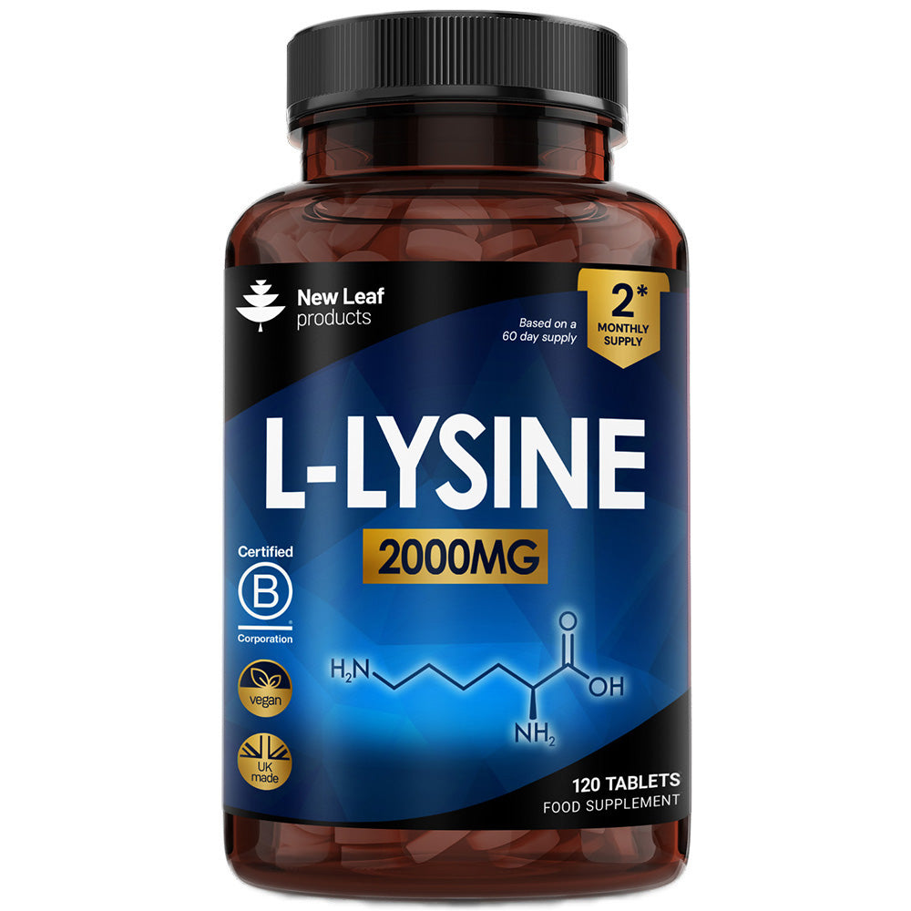 A bottle of New Leaf Products L-Lysine 2000mg tablets with 120 tablets per bottle, labeled as a food supplement.