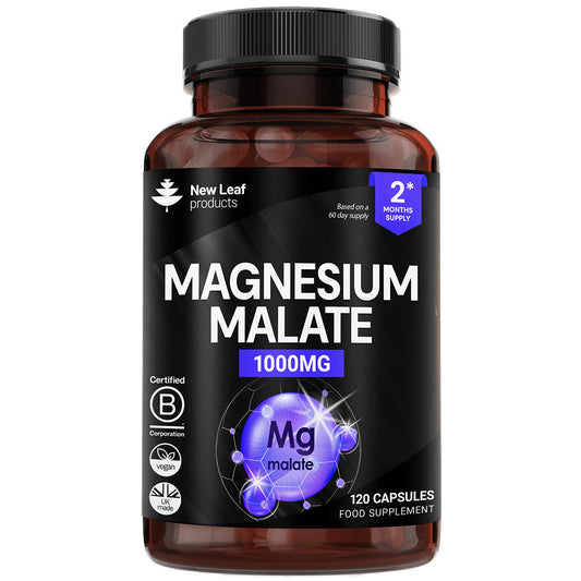 Supplement bottle labeled 'Magnesium Malate 1000MG' by New Leaf products on a white background