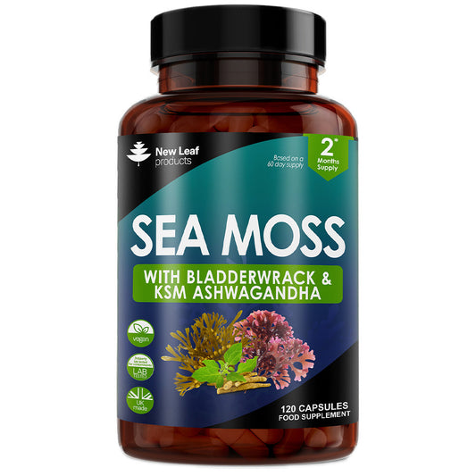 A bottle of 'New Leaf Products' Sea Moss capsules with Bladderwrack and KSM Ashwagandha, with 120 capsules visible.