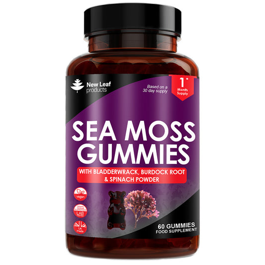A bottle of 'Sea Moss Gummies' with Burdock Root, Bladderwrack, and Spinach Powder from New Leaf Products. The label shows the product name, the ingredients, and a bear illustration.