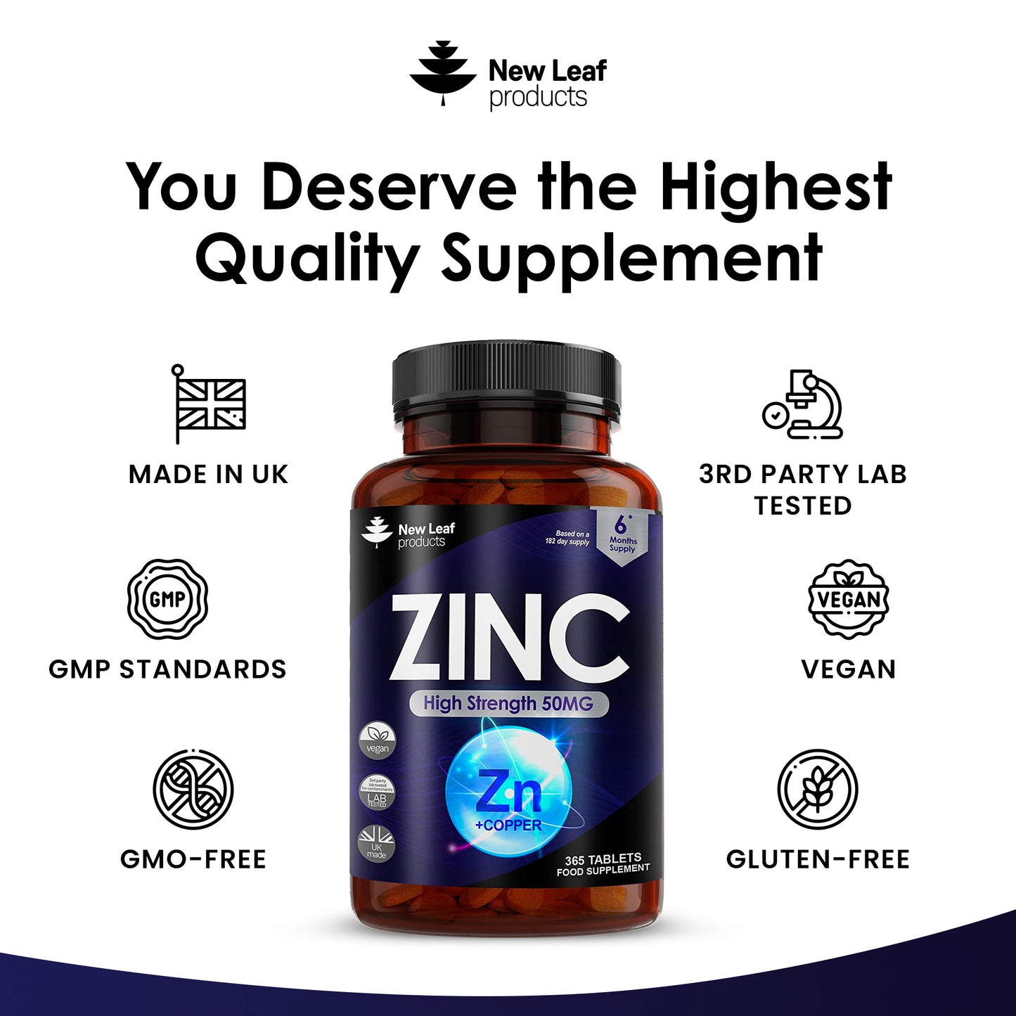 Zinc Tablets 50mg 365 Vegan Zinc Supplements High Strength (6 Month value supply)