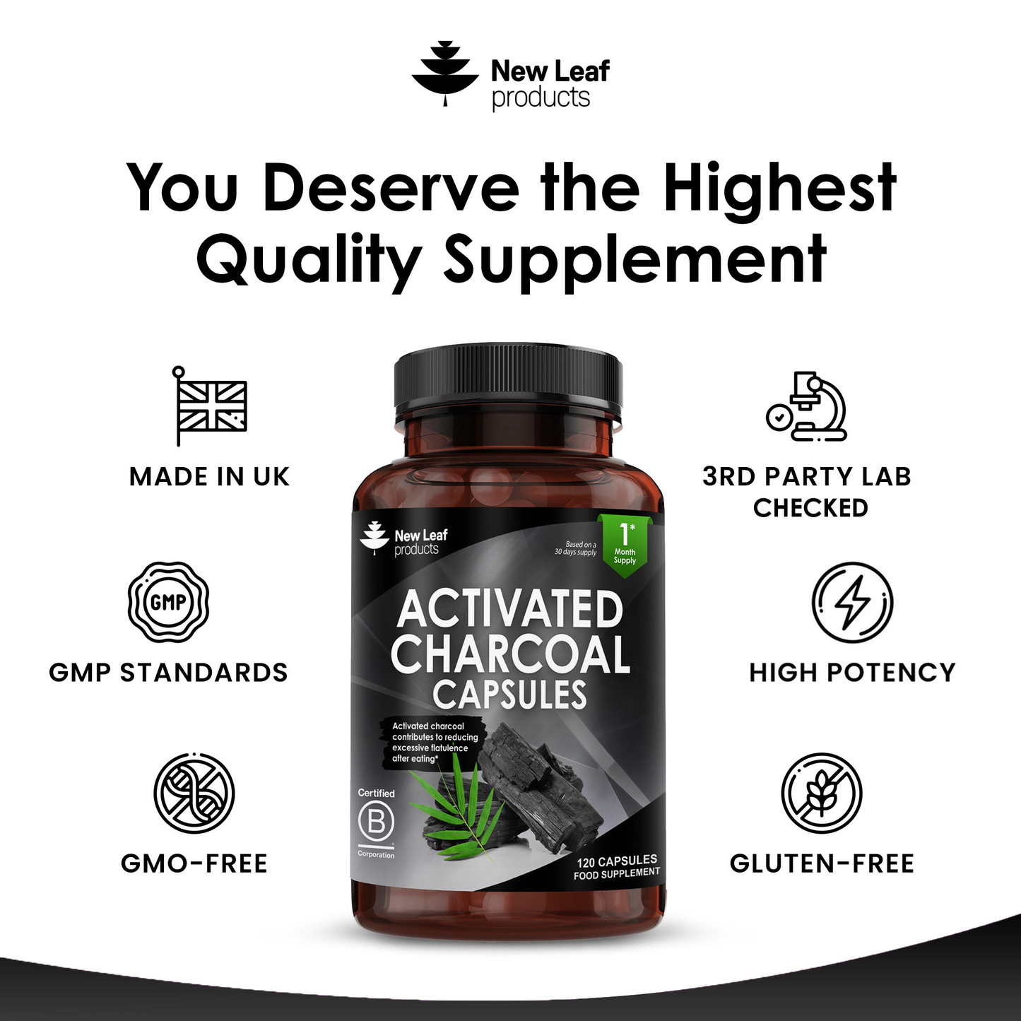 A bottle of New Leaf brand Activated Charcoal Capsules with 120 capsules visible through the transparent container. The label indicates the product is for reducing flatulence and is certified by the Food Supplement Trade Association.