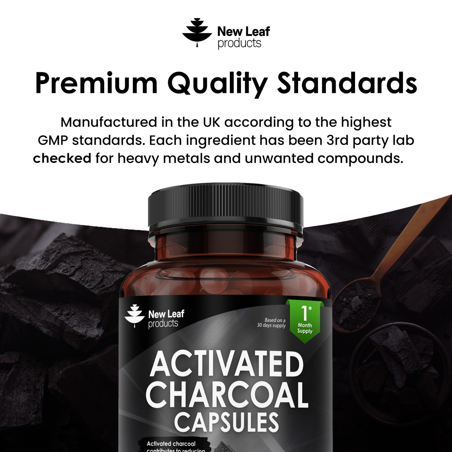 A bottle of New Leaf brand Activated Charcoal Capsules with 120 capsules visible through the transparent container. The label indicates the product is for reducing flatulence and is certified by the Food Supplement Trade Association.