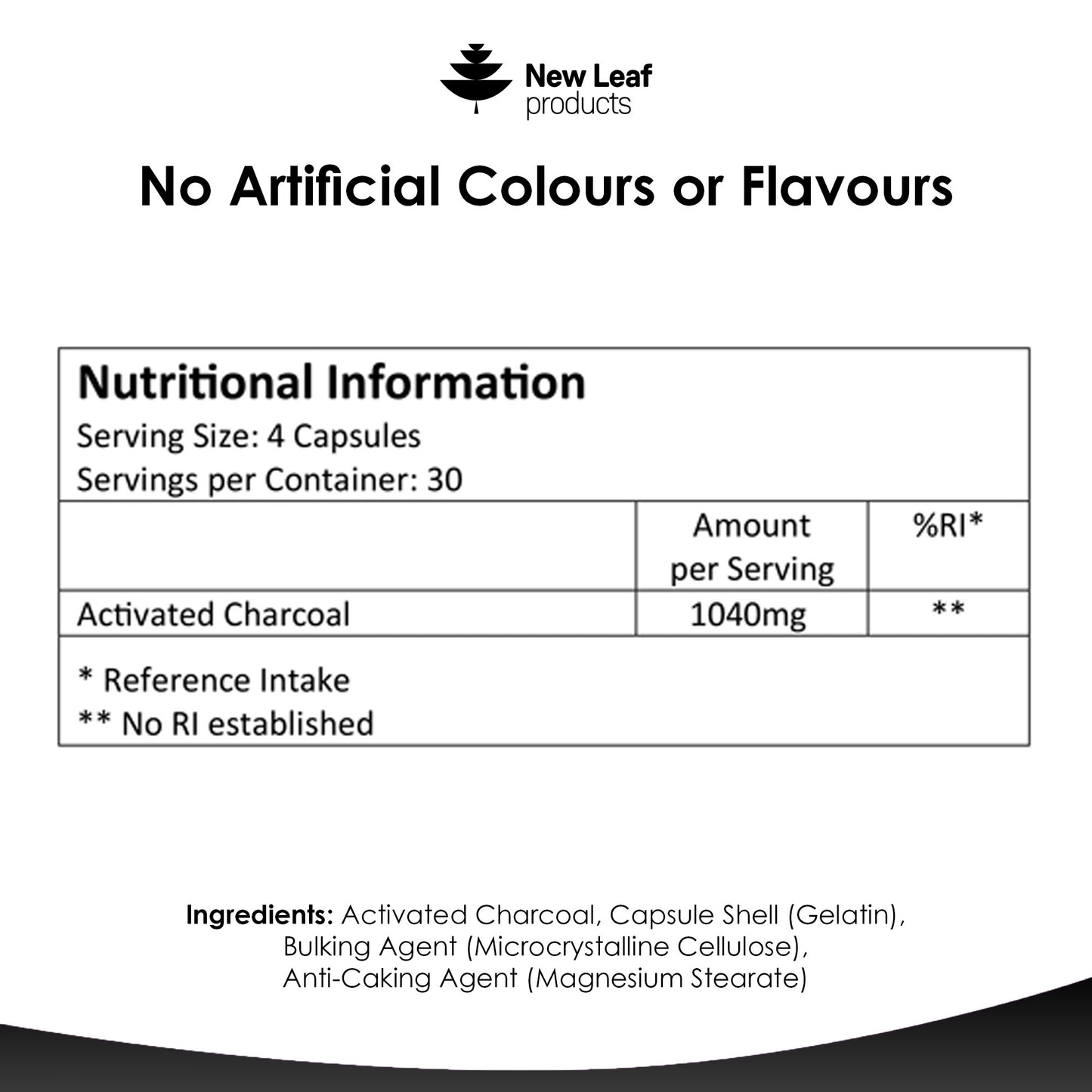 A bottle of New Leaf brand Activated Charcoal Capsules with 120 capsules visible through the transparent container. The label indicates the product is for reducing flatulence and is certified by the Food Supplement Trade Association.