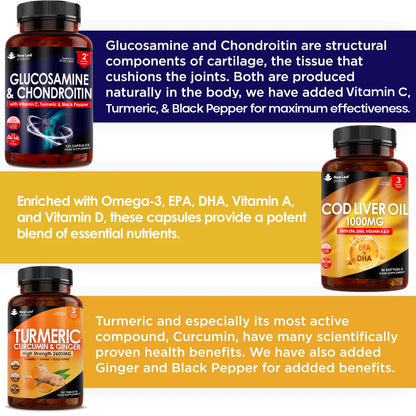 Joint Health Bundle - Turmeric Curcumin & Ginger, Glucosamine, Cod Liver Oil