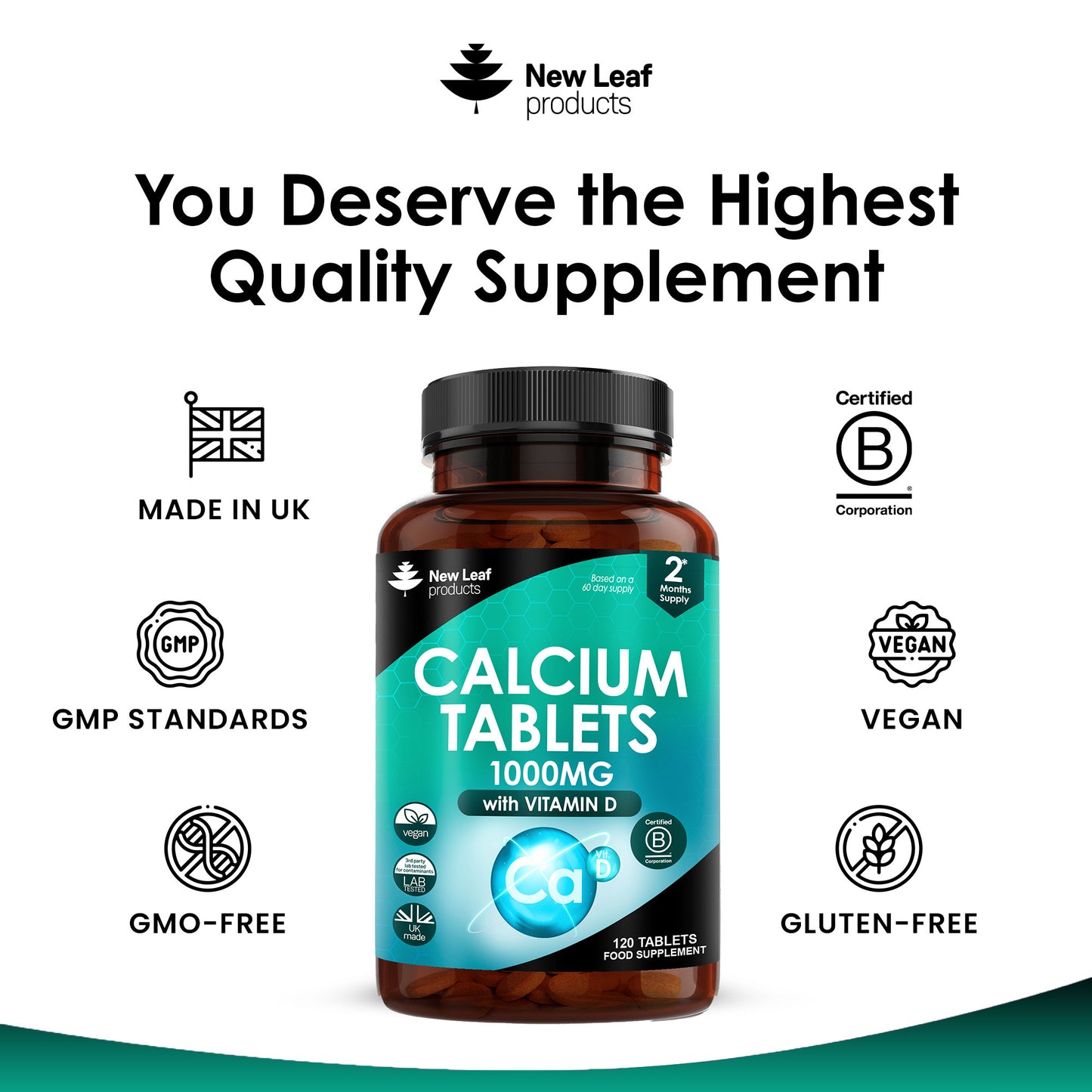 A bottle of New Leaf brand Calcium Tablets with 1000mg dosage, enriched with Vitamin D3, in a black and green labeled packaging.