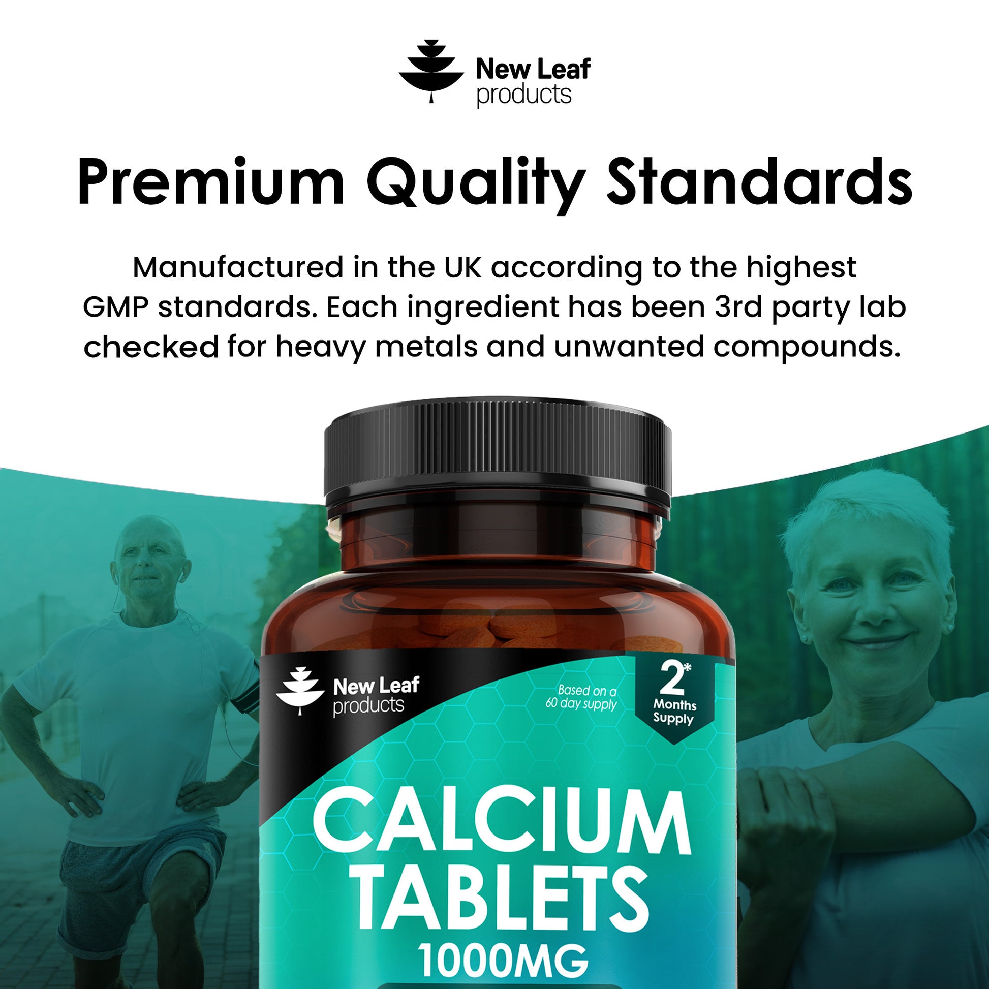 A bottle of New Leaf brand Calcium Tablets with 1000mg dosage, enriched with Vitamin D3, in a black and green labeled packaging.