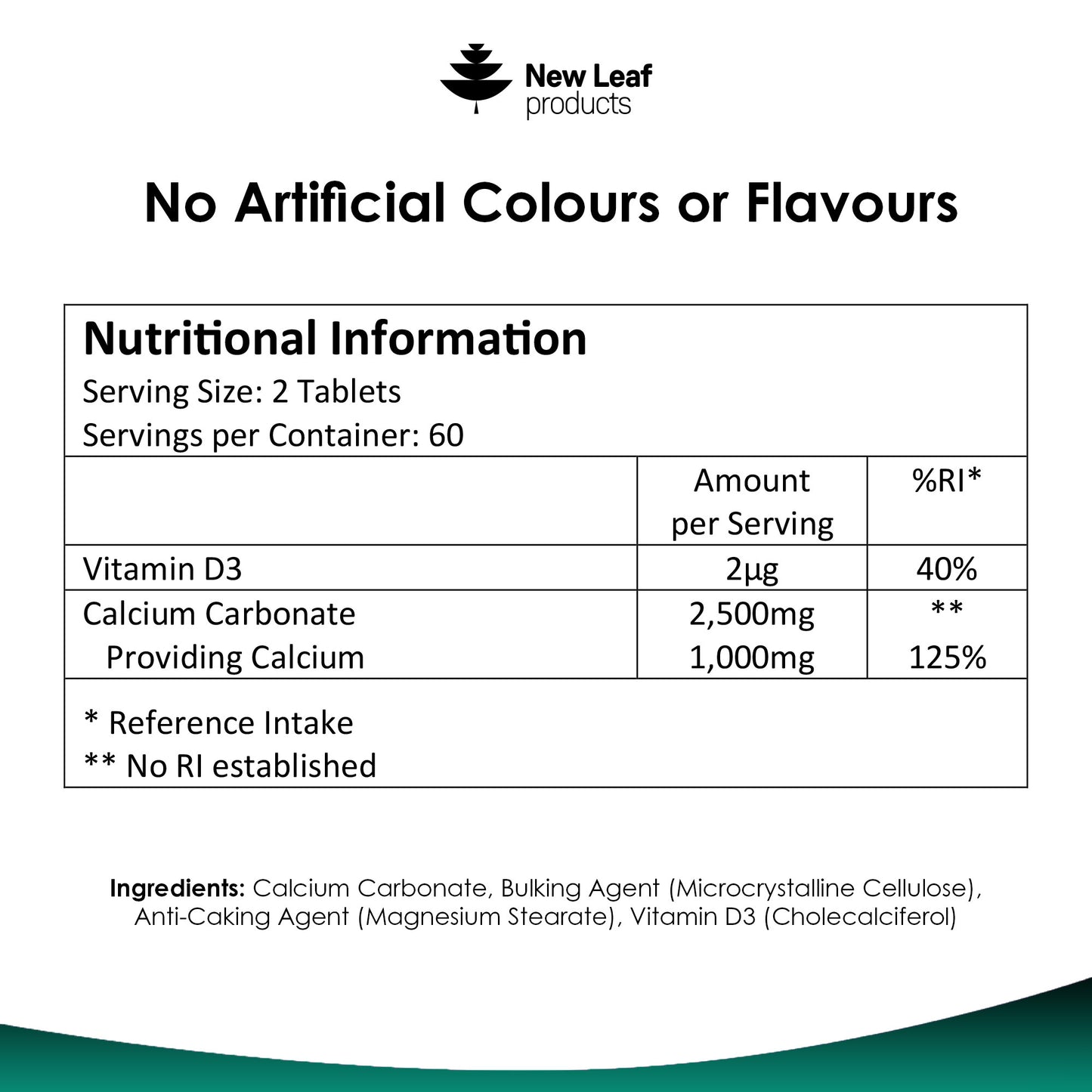 A bottle of New Leaf brand Calcium Tablets with 1000mg dosage, enriched with Vitamin D3, in a black and green labeled packaging.
