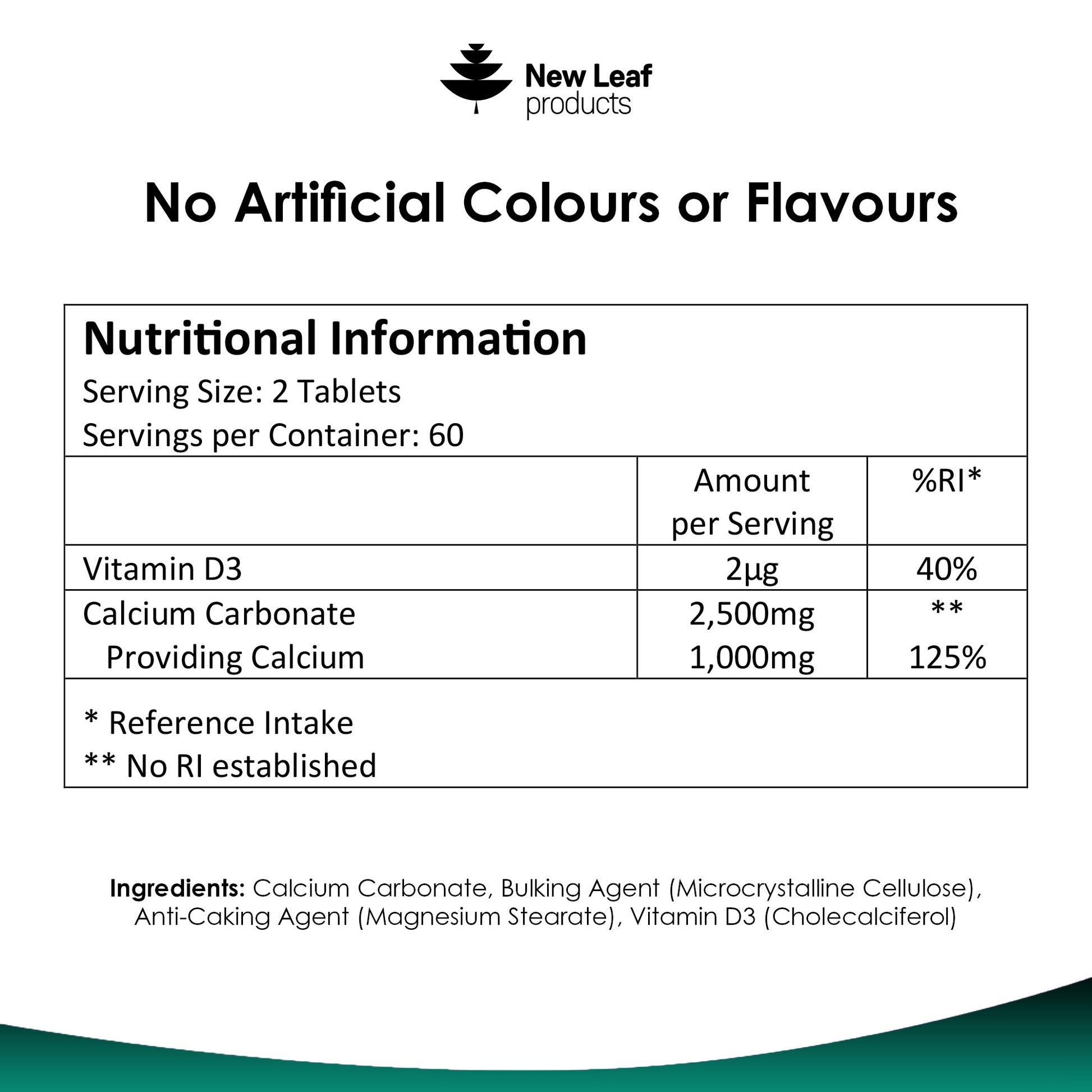 A bottle of New Leaf brand Calcium Tablets with 1000mg dosage, enriched with Vitamin D3, in a black and green labeled packaging.