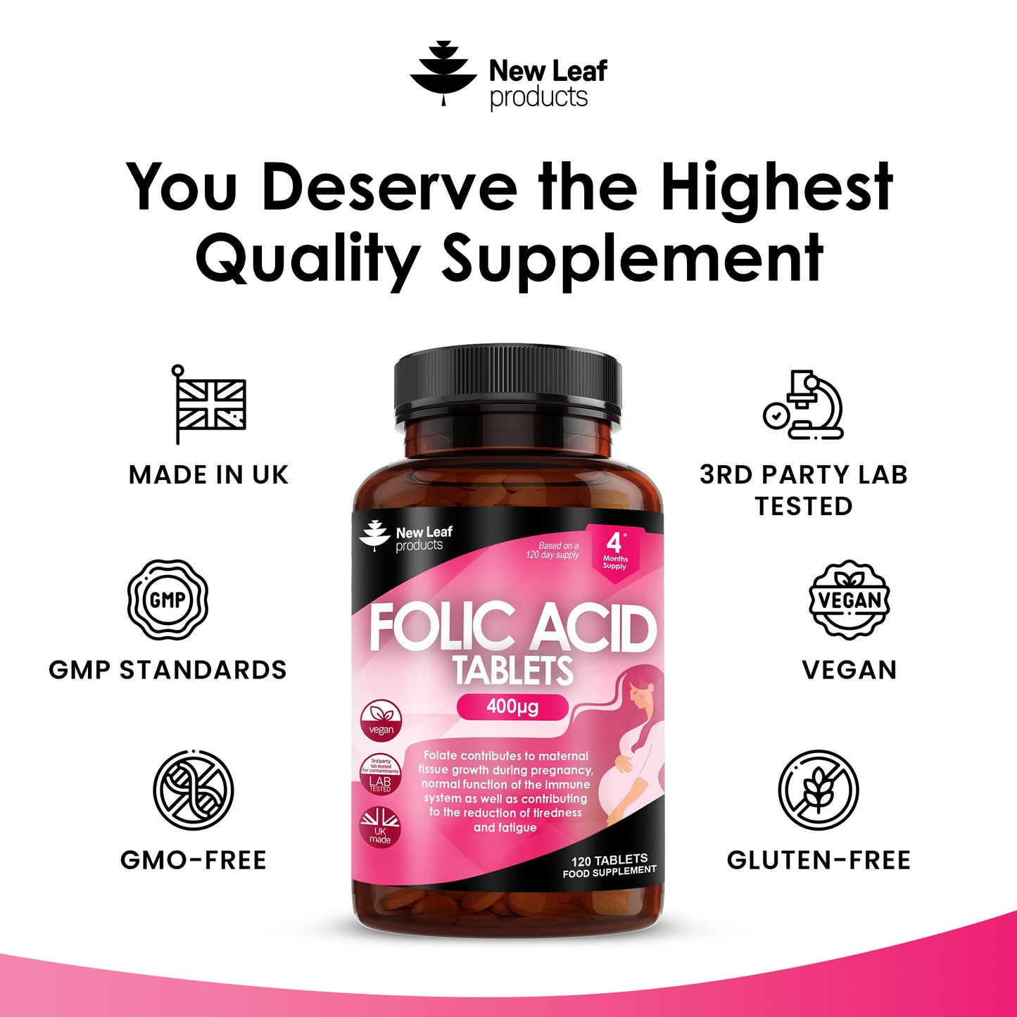 Folic Acid Tablets 400mcg - 120 Folic Acid High Strength Pregnancy Vitamins