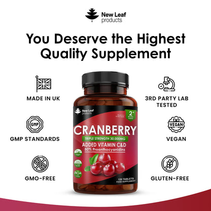 Cranberry Tablets Triple Strength 30,000mg - 120 Cranberry Supplements Enriched With Vitamin C & D
