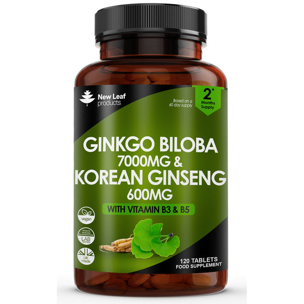 Ginkgo Biloba 7000mg & Korean (Panax) Ginseng 600mg Tablets with Vitamin B3 & B5 120 Tablets