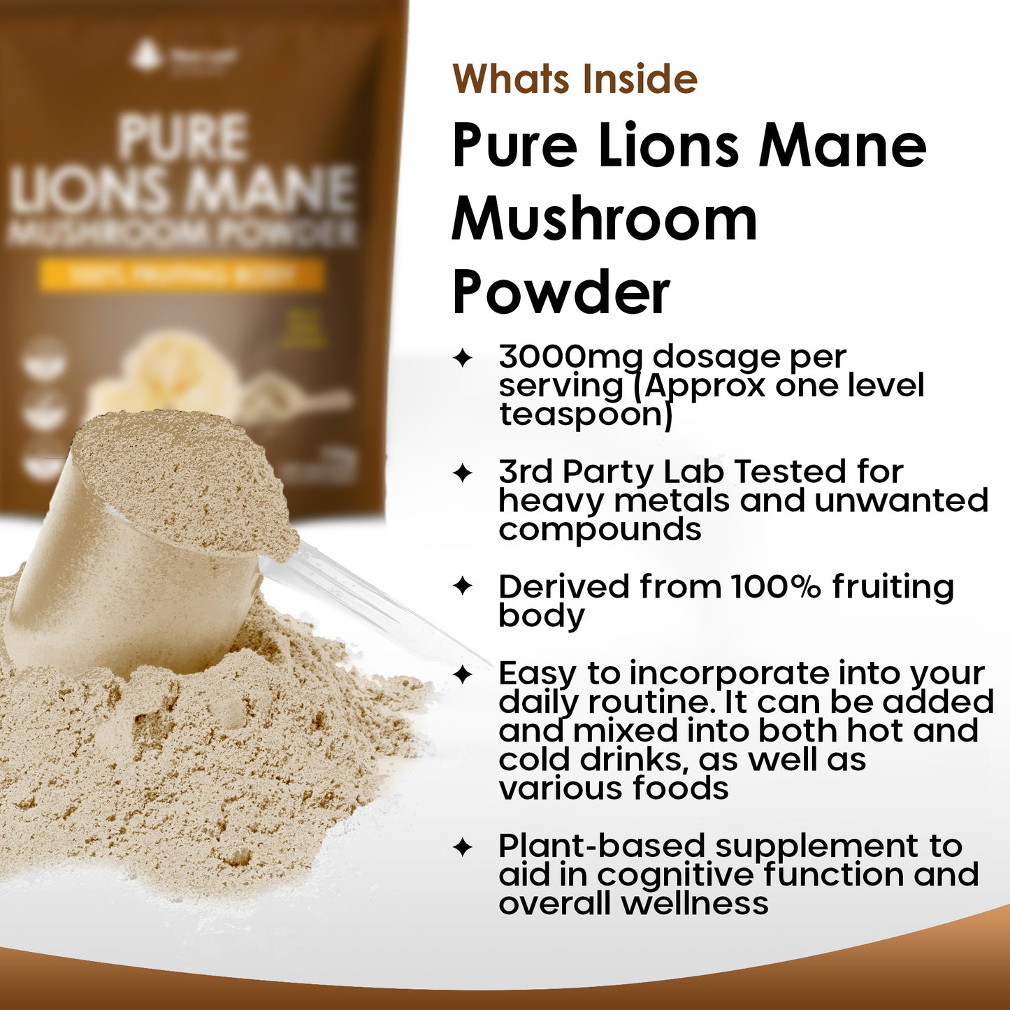 Mushroom powder with packaging and product details.