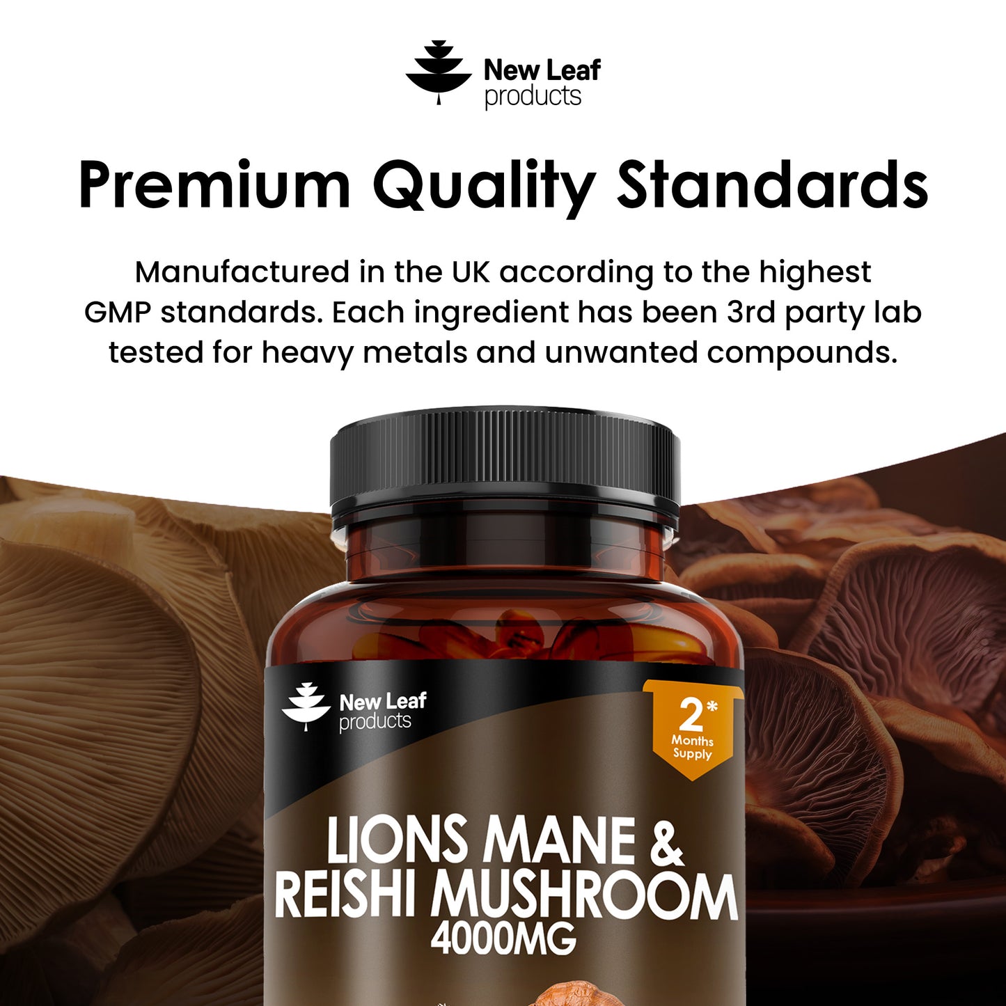 A bottle of New Leaf brand Lions Mane & Reishi Mushroom 4000mg capsules, with an image of both mushrooms on the label.