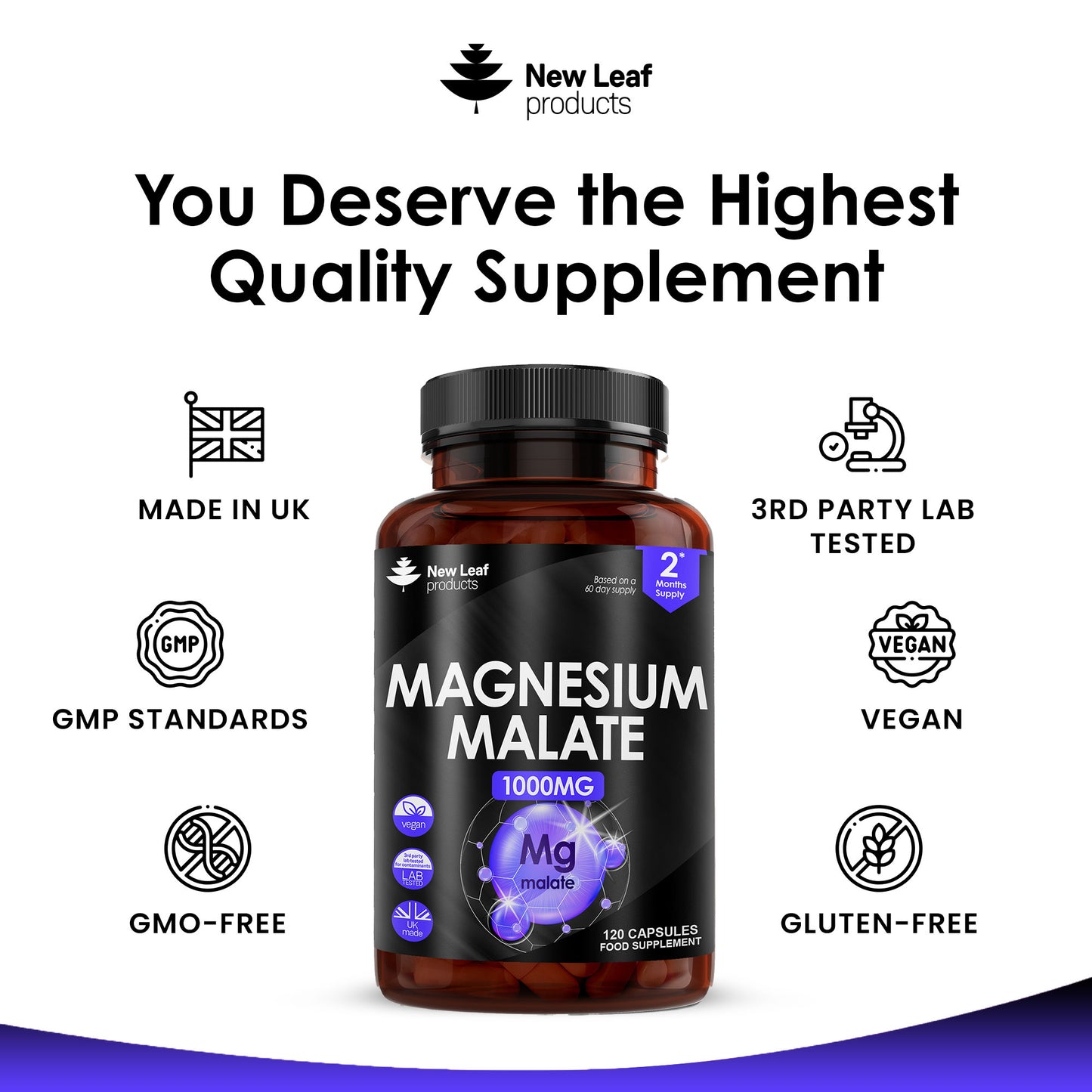 Magnesium Malate Capsules 120 High Strength 1000mg Bones & Sleep Support Vegan Capsules - High Absorption Elemental Magnesium