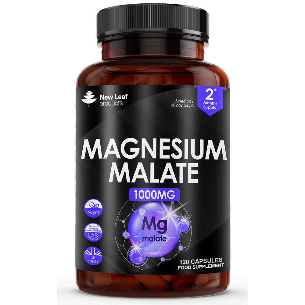 Magnesium Malate Capsules 120 High Strength 1000mg Bones & Sleep Support Vegan Capsules - High Absorption Elemental Magnesium