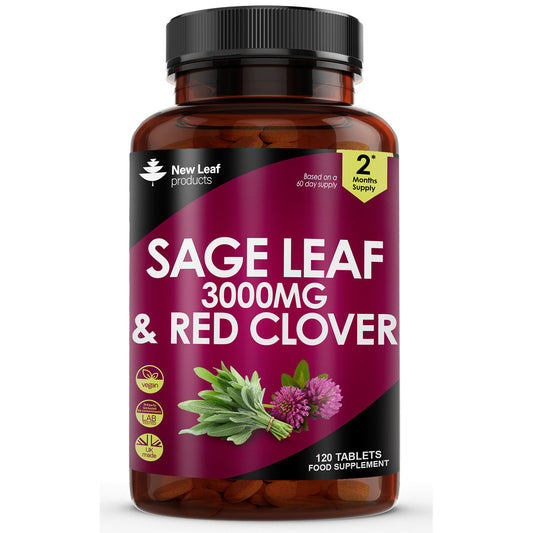 A bottle of New Leaf Products Sage Leaf and Red Clover Tablets, with 120 tablets, each providing 3000mg of the blend.