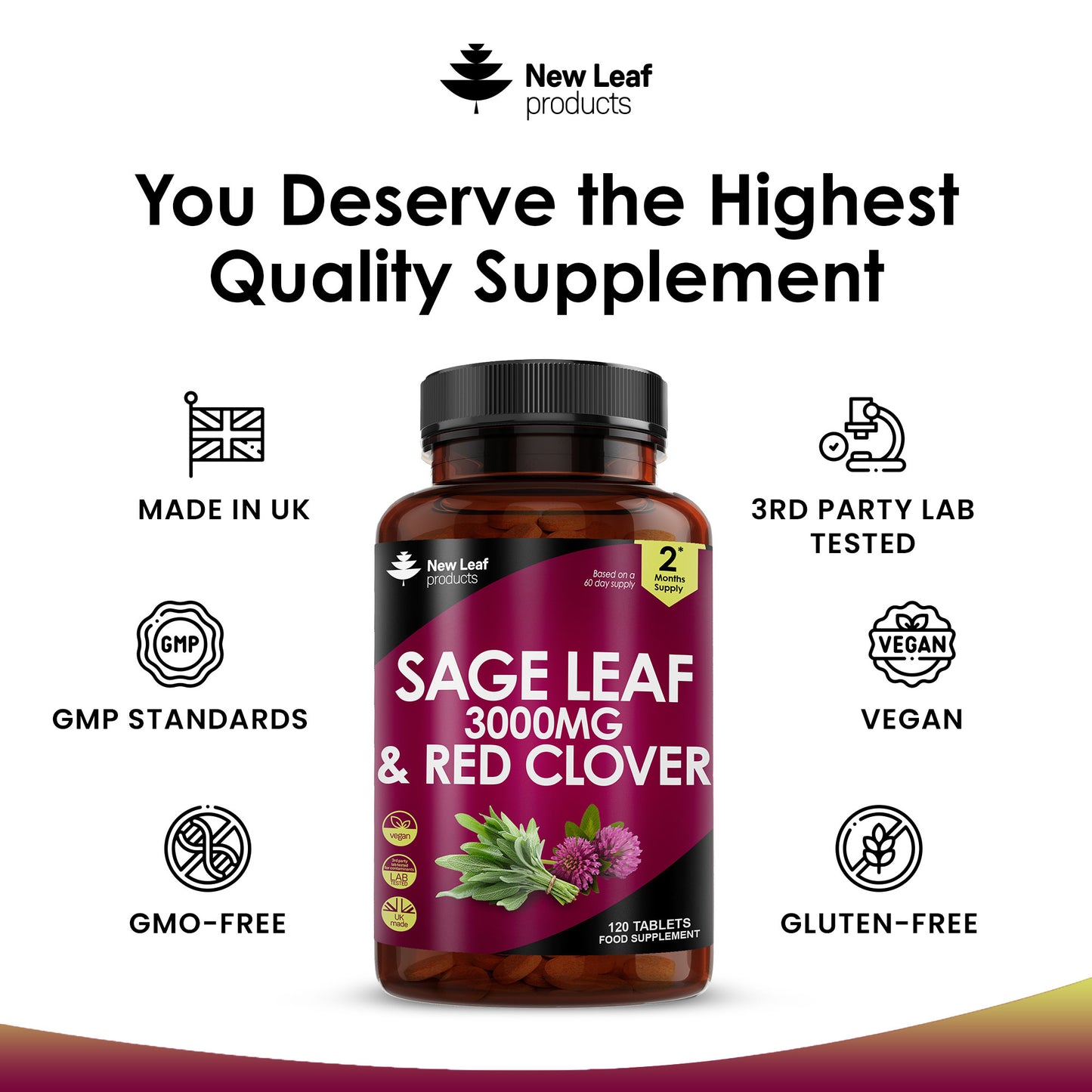 A bottle of New Leaf Products Sage Leaf and Red Clover Tablets, with 120 tablets, each providing 3000mg of the blend.