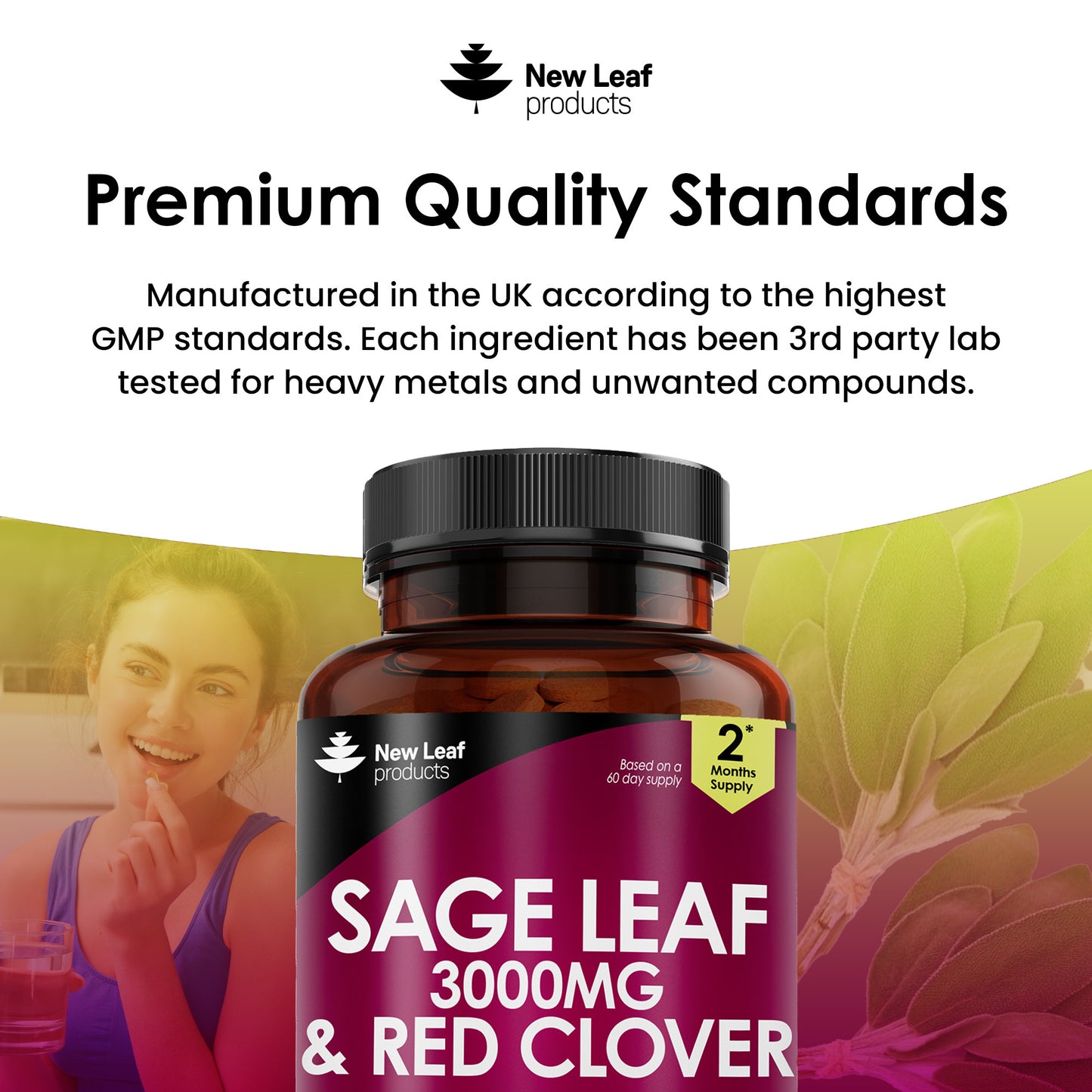 A bottle of New Leaf Products Sage Leaf and Red Clover Tablets, with 120 tablets, each providing 3000mg of the blend.