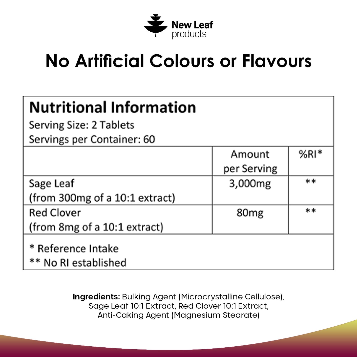 A bottle of New Leaf Products Sage Leaf and Red Clover Tablets, with 120 tablets, each providing 3000mg of the blend.