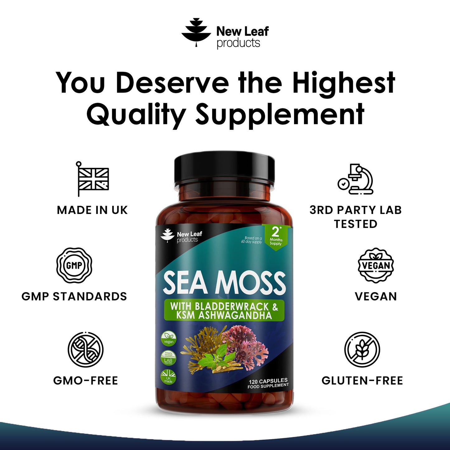 A bottle of 'New Leaf Products' Sea Moss capsules with Bladderwrack and KSM Ashwagandha, with 120 capsules visible.