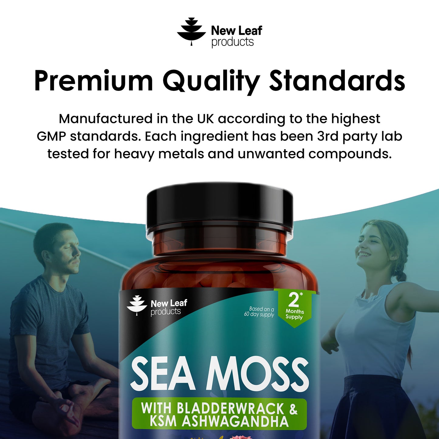 A bottle of 'New Leaf Products' Sea Moss capsules with Bladderwrack and KSM Ashwagandha, with 120 capsules visible.