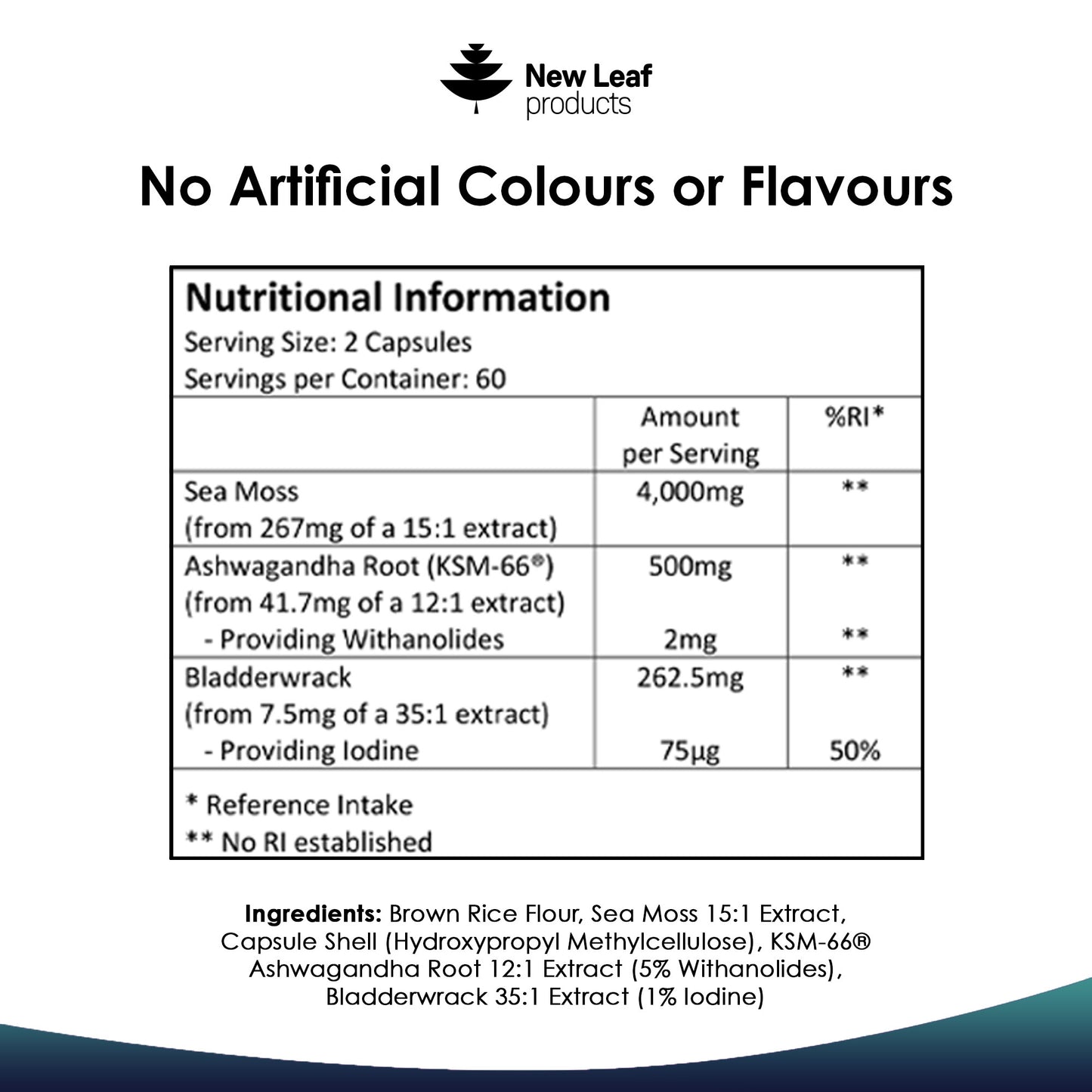 A bottle of 'New Leaf Products' Sea Moss capsules with Bladderwrack and KSM Ashwagandha, with 120 capsules visible.