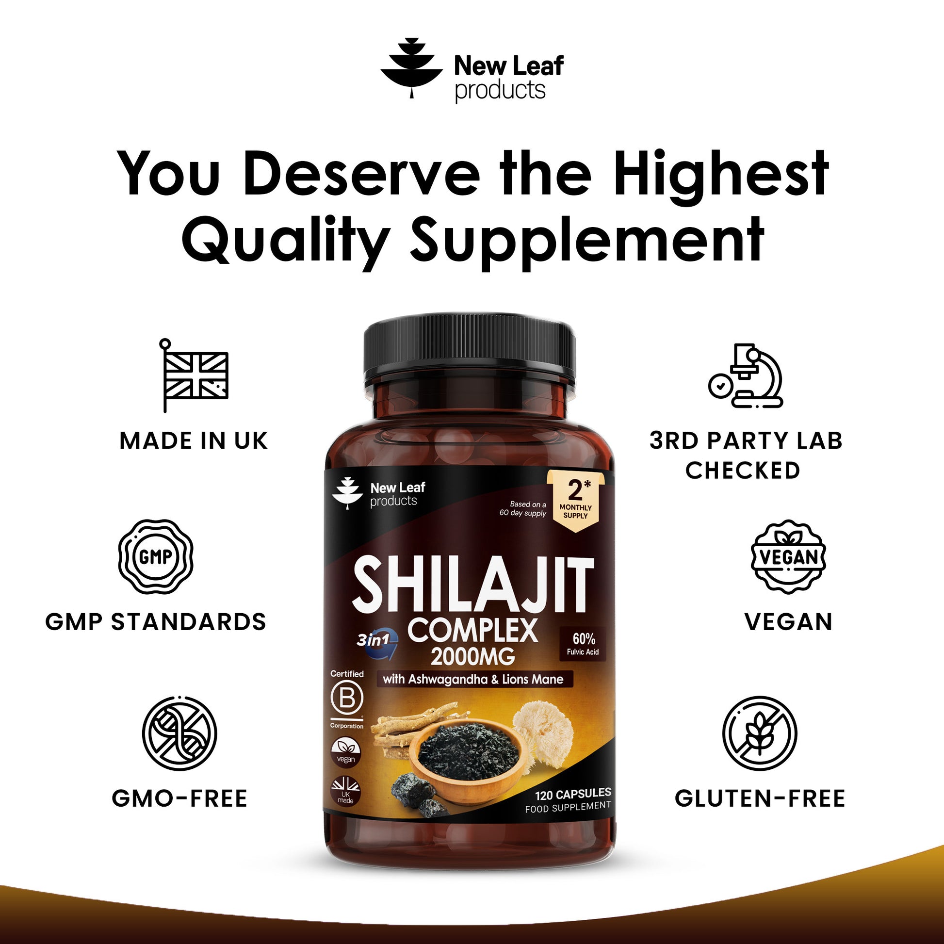 Shilajit Complex supplement bottle with New Leaf products branding and quality certification icons on a white background.