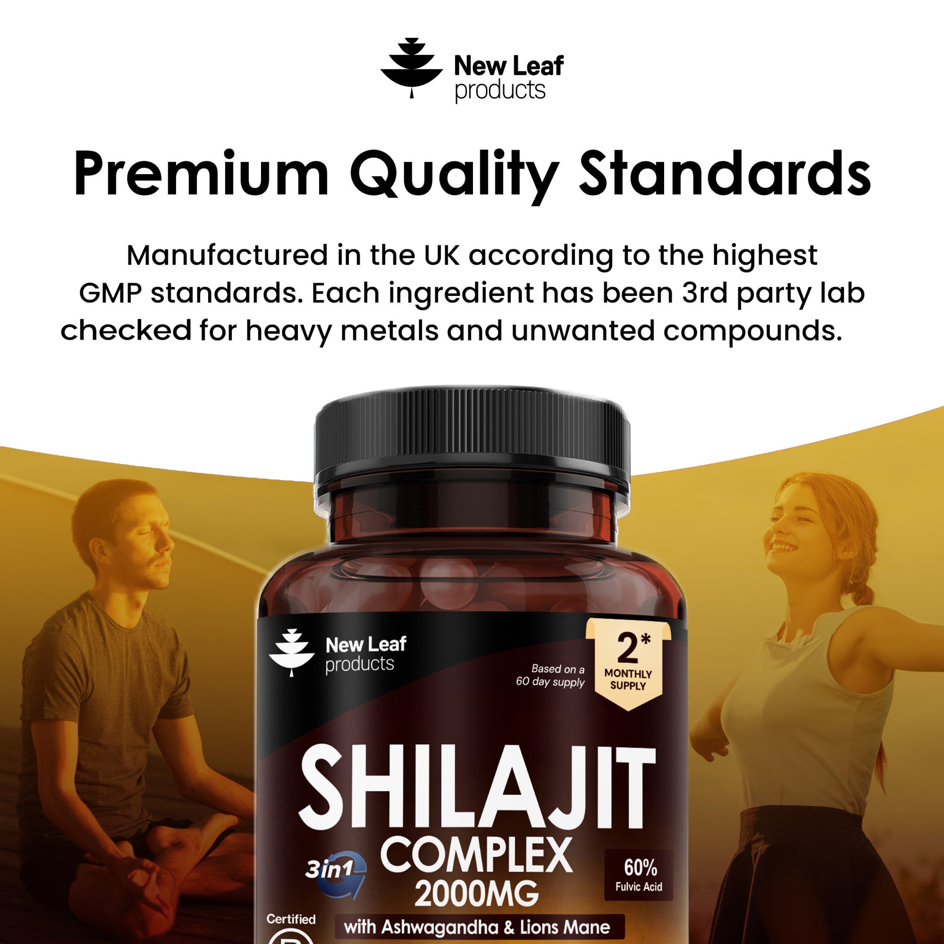 Shilajit Complex supplement bottle with New Leaf products branding and text about quality standards.