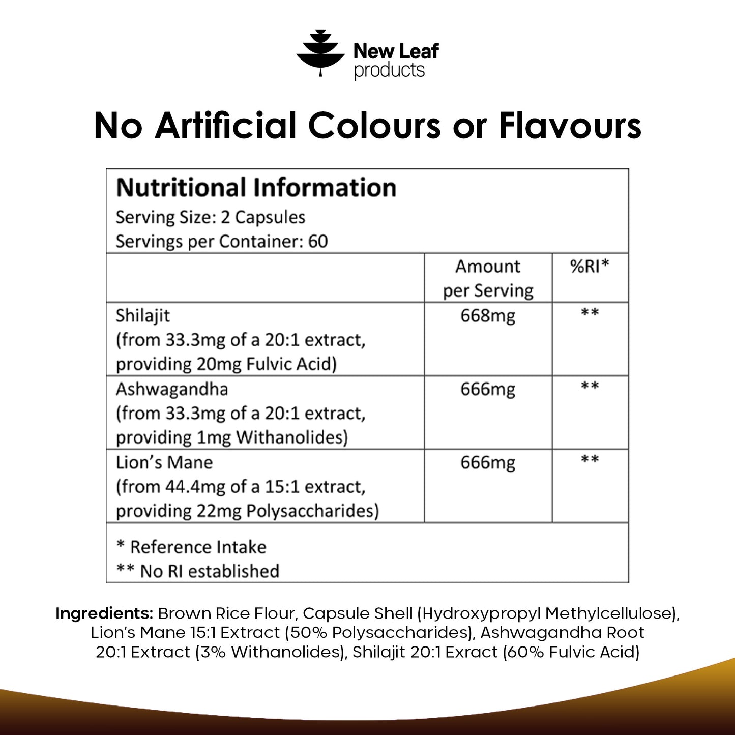 Nutritional information label for New Leaf products with ingredients listed.