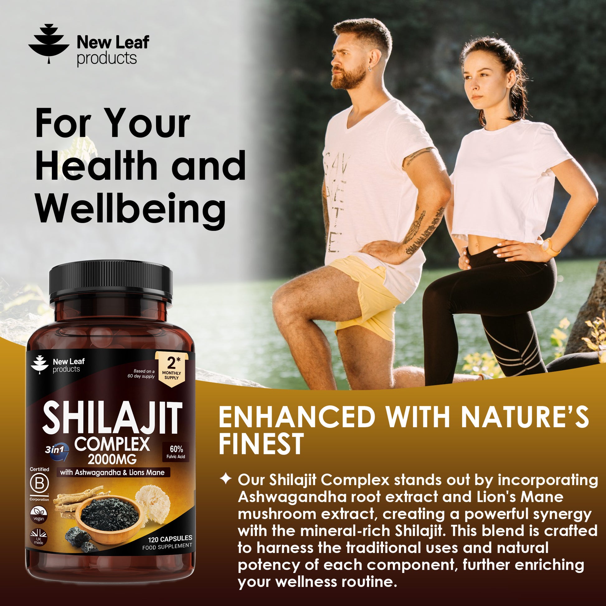 New Leaf products Shilajit Complex supplement bottle with a man and woman in the background.