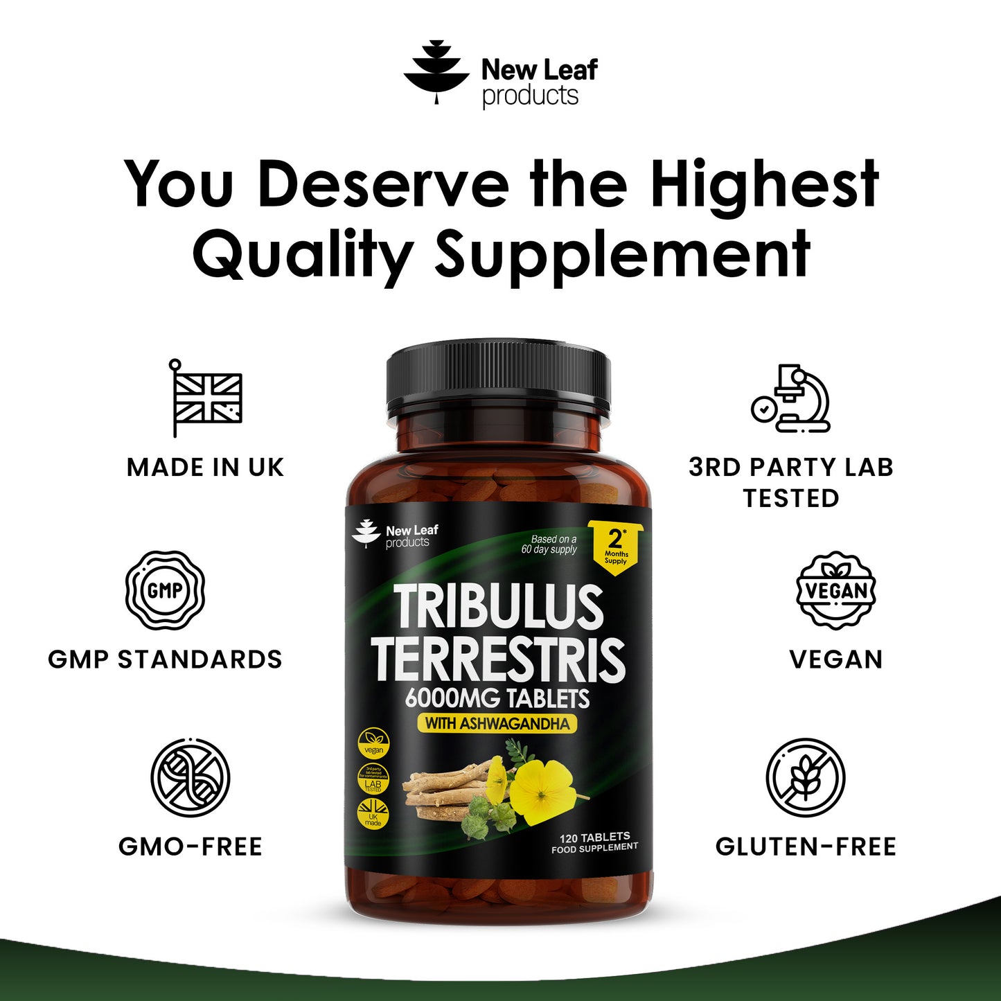 A bottle of New Leaf brand Tribulus Terrestris 6000mg tablets with Ashwagandha, containing 120 tablets for two months' supply.