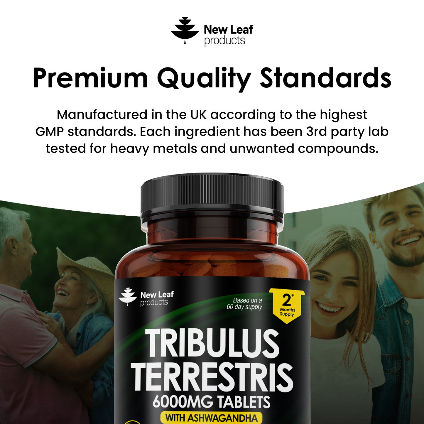 A bottle of New Leaf brand Tribulus Terrestris 6000mg tablets with Ashwagandha, containing 120 tablets for two months' supply.