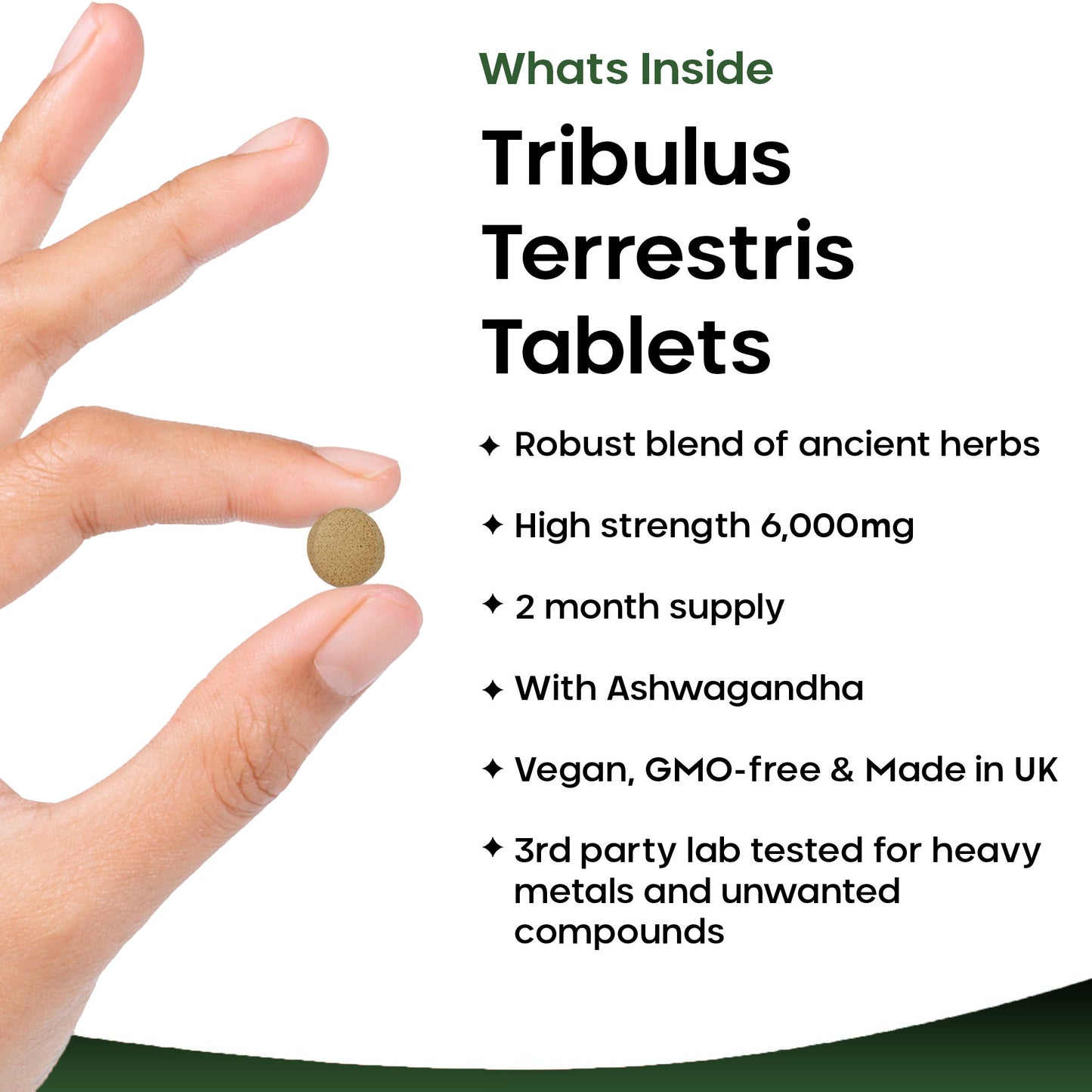 A bottle of New Leaf brand Tribulus Terrestris 6000mg tablets with Ashwagandha, containing 120 tablets for two months' supply.