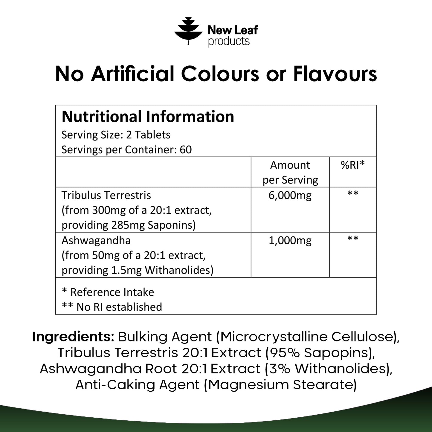 A bottle of New Leaf brand Tribulus Terrestris 6000mg tablets with Ashwagandha, containing 120 tablets for two months' supply.