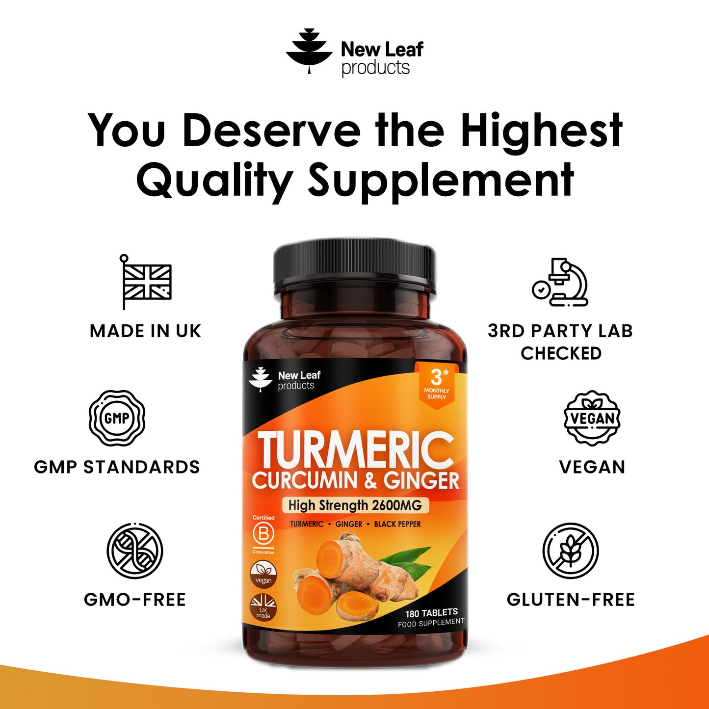 Turmeric Supplements Ginger & Black Pepper Turmeric Tablets 95% Curcumin (3 month supply)