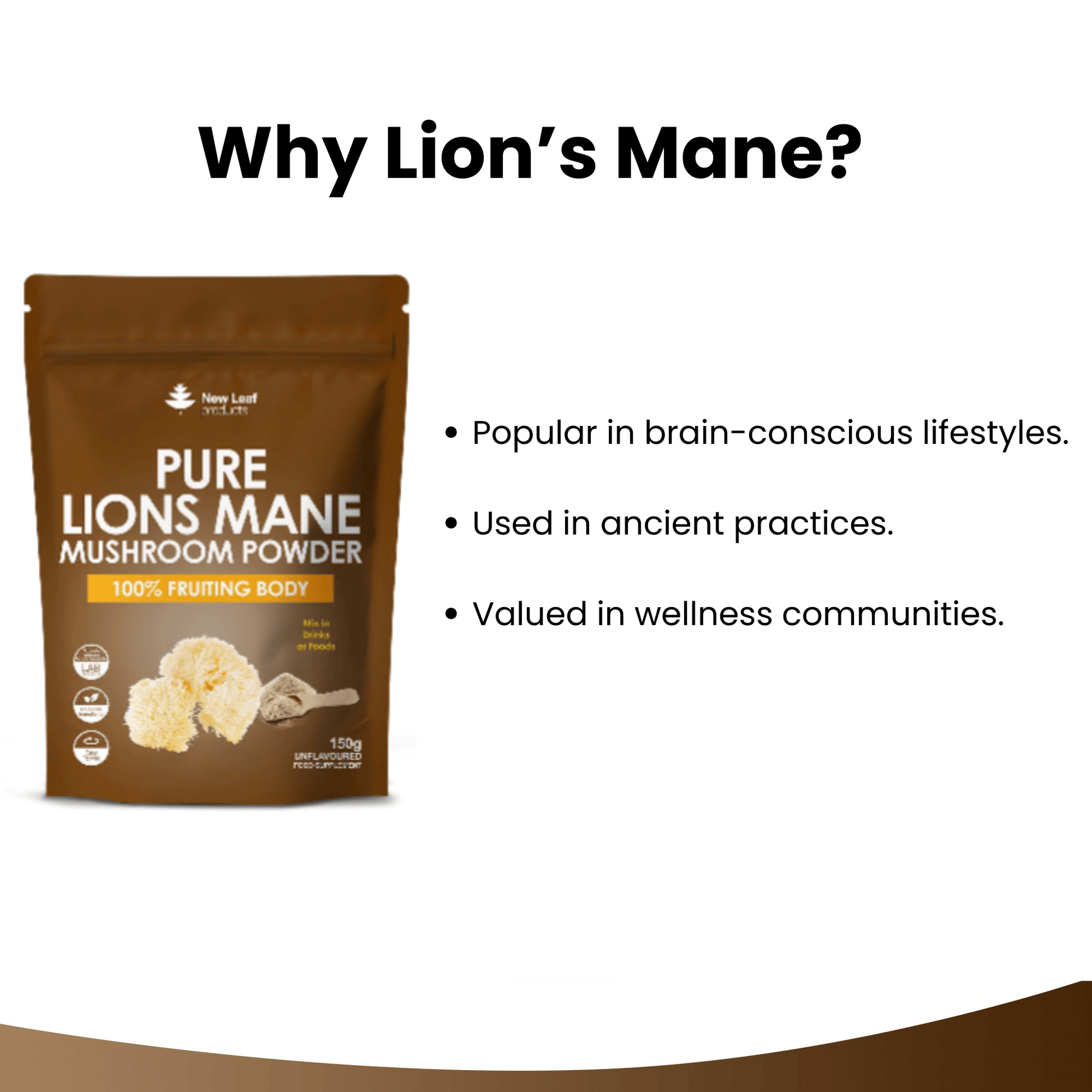 Pure Lions Mane mushroom powder packaging with text on a white background