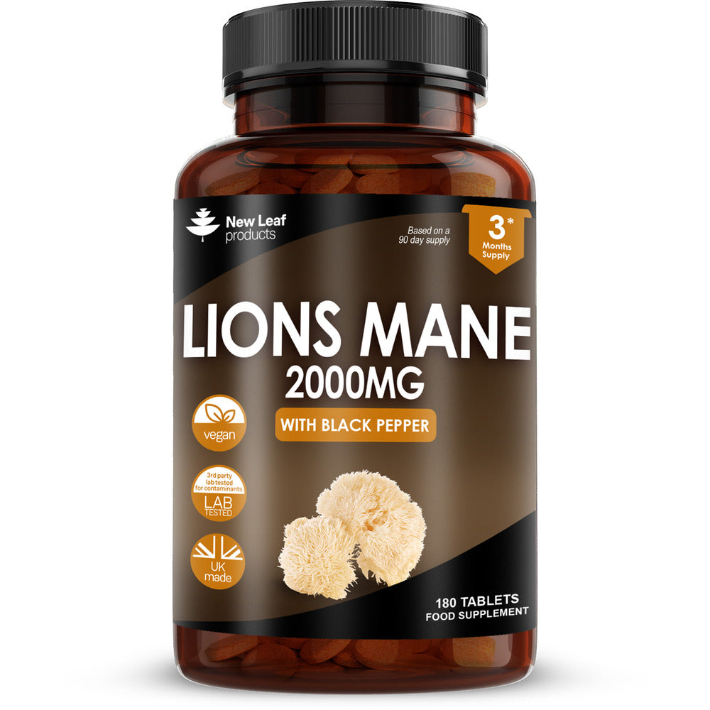 Lions Mane Mushroom 2000mg - 180 High Strength Vegan Tablets - Lion's Mane Supplement with Black Pepper