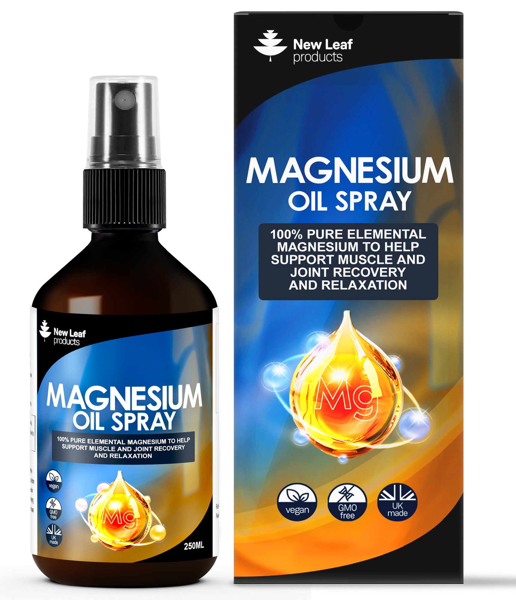 A bottle of Magnesium Oil Spray with its packaging box. The bottle is black with a white spray nozzle and blue label, while the box has matching colors and text.