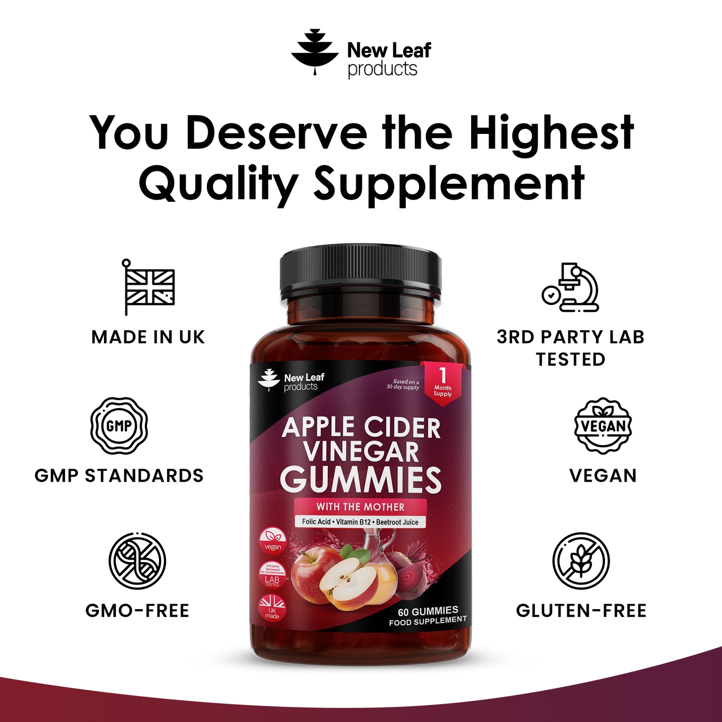 Apple Cider Vinegar Gummies with The Mother 1000mg Enhanced with Vitamin B12 & Folic Acid