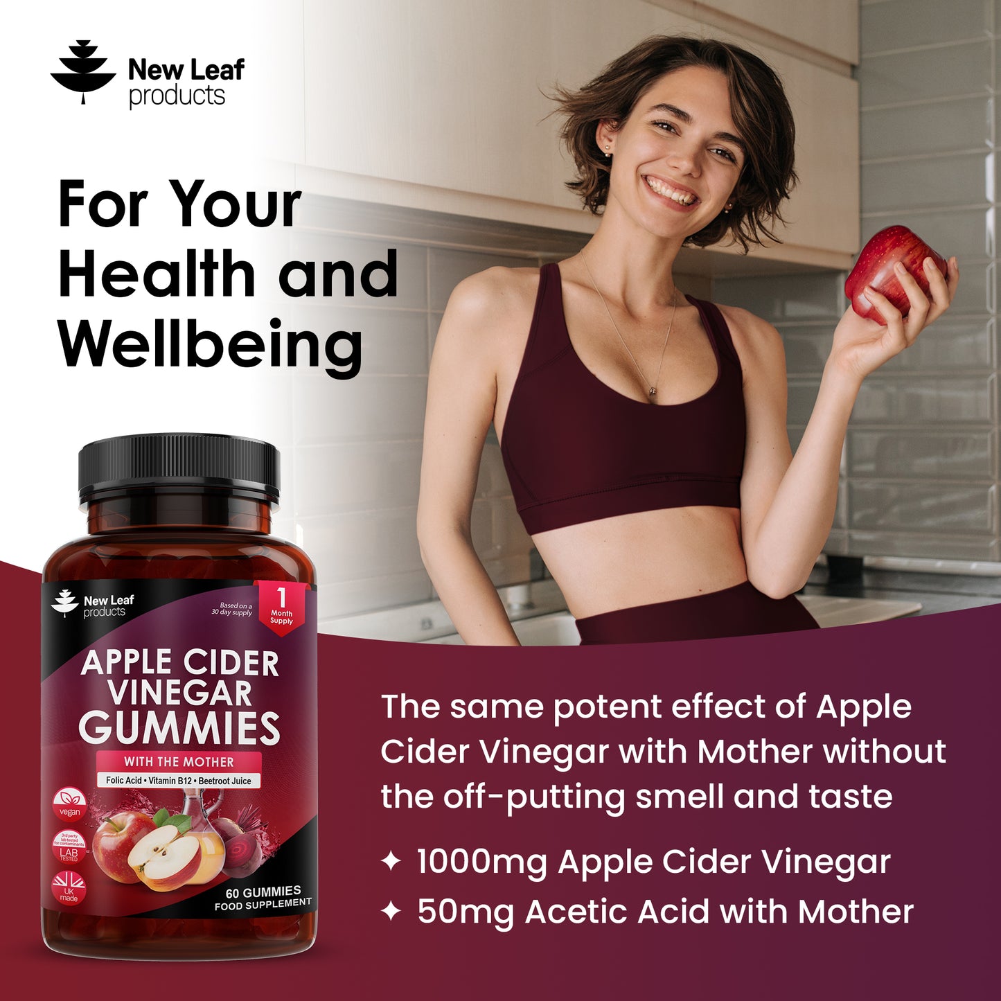Apple Cider Vinegar Gummies with The Mother 1000mg Enhanced with Vitamin B12 & Folic Acid