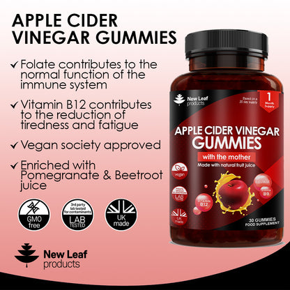 Apple Cider Vinegar Gummies Vegan + Vitamin B12 Folate Pomegranate & Beetroot